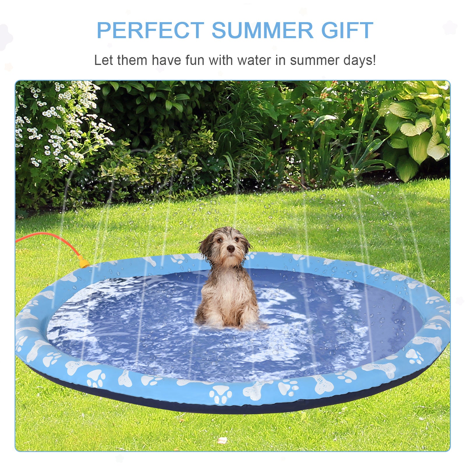 PawHut 170cm Splash Pad Sprinkler for Pets Dog Bath Pool Water Game Mat Toy Non-slip Outdoor Backyard Blue - North Peak Garden Furniture