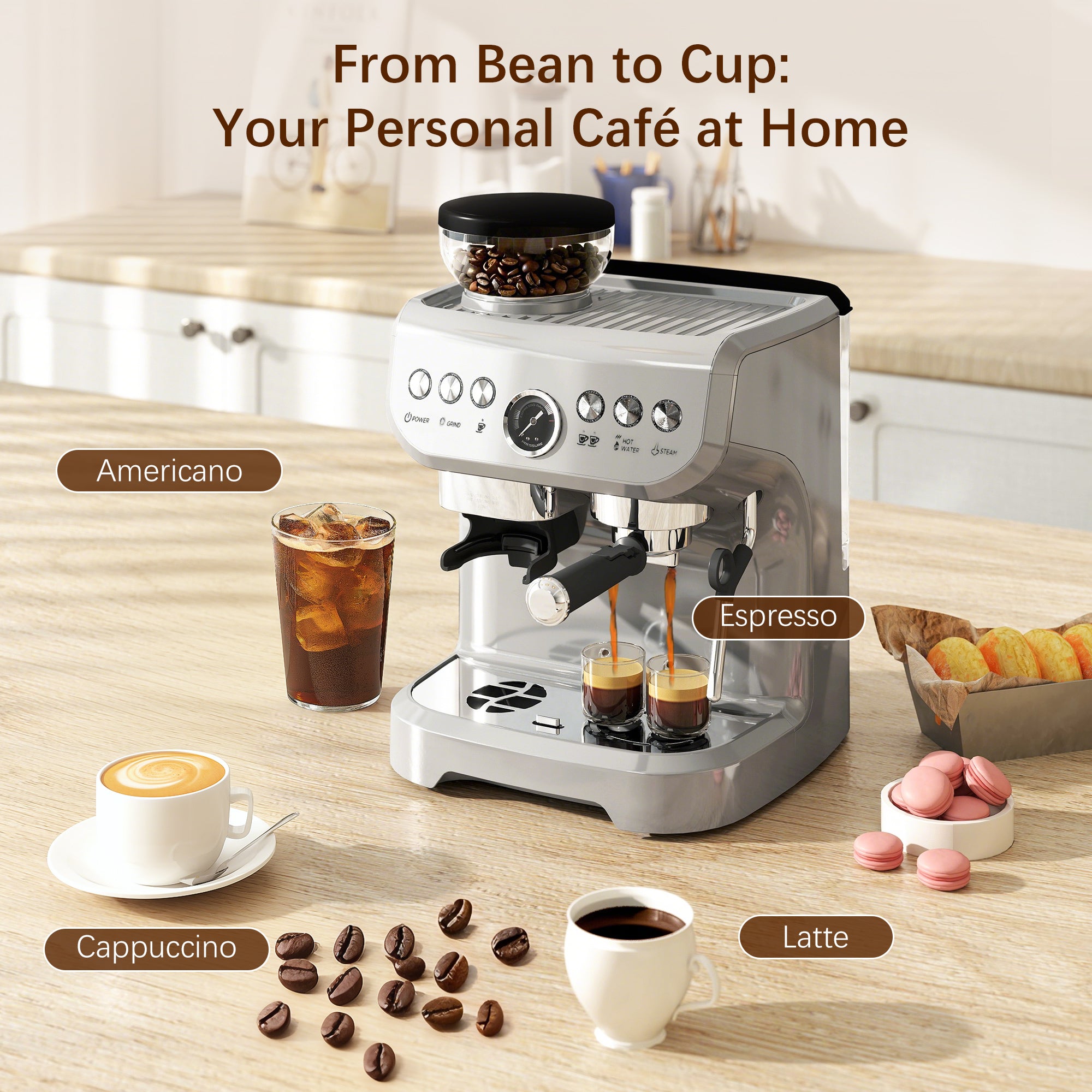 HOMCOM 15 Bar Coffee Machine, with Adjustable Grind, Steamer and Accessories - Silver Colour