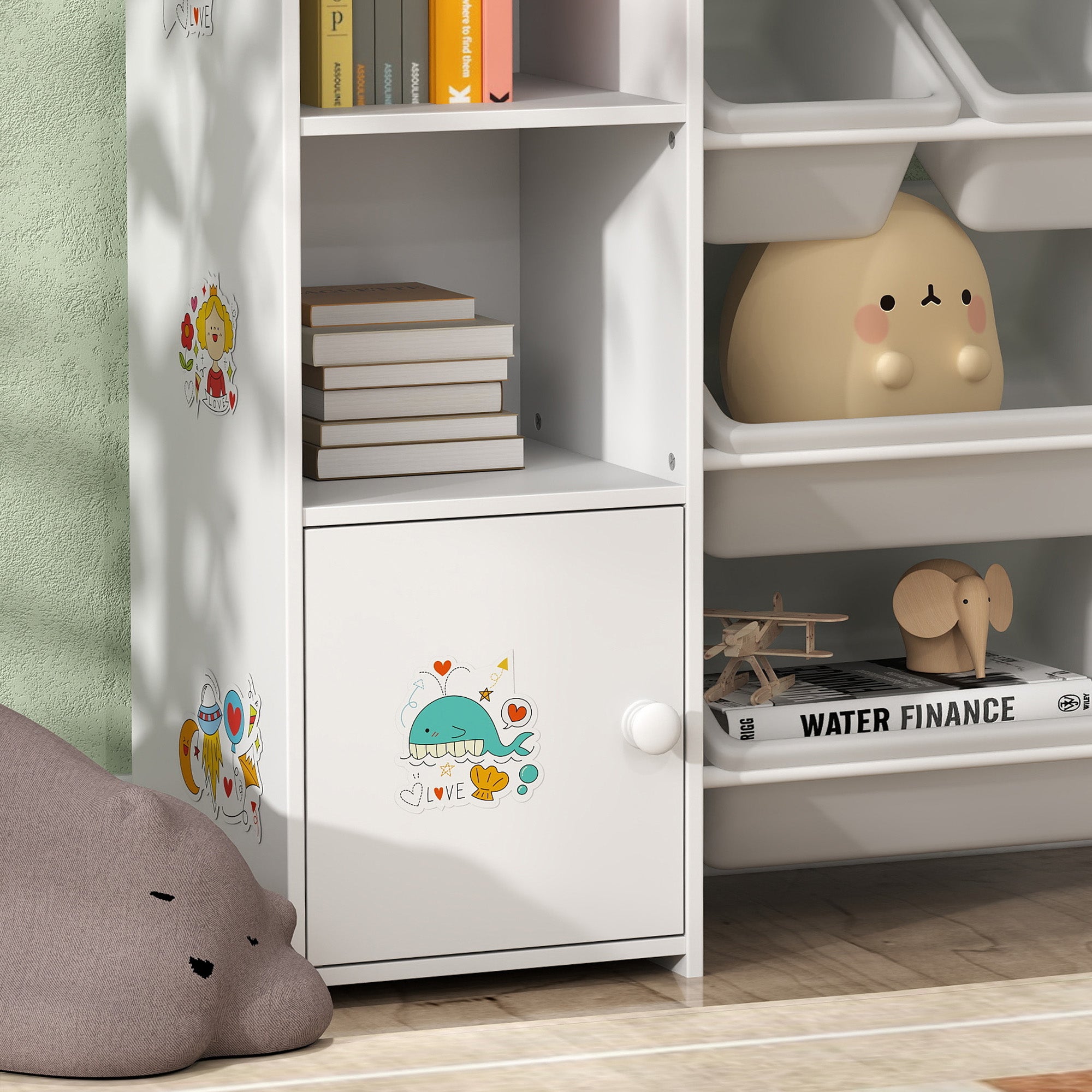 AIYAPLAY Kids Toy Organizers and Storage with 8 Removable Storage Bins and Bookshelf, White