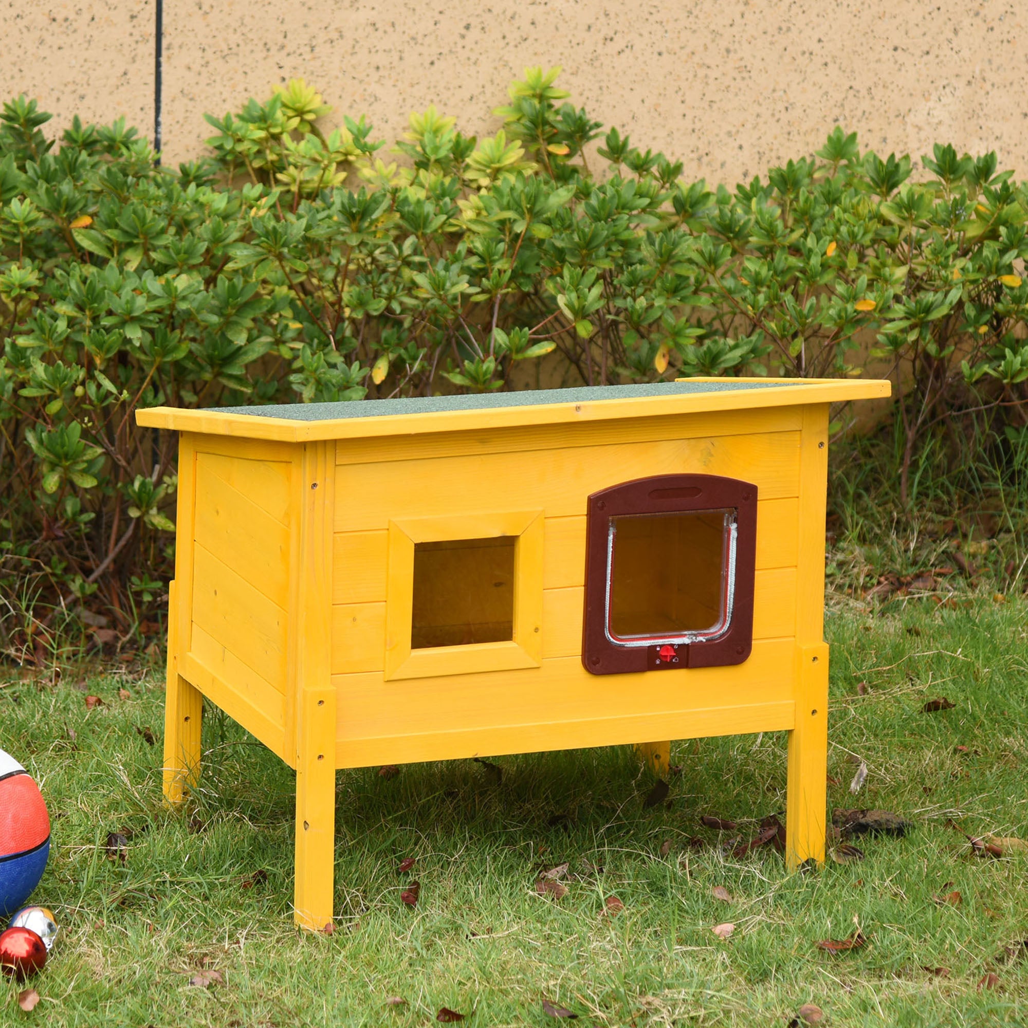 Pawhut Garden Wooden Cat House Hide Cage Outdoor Pet Play Home Water-resistant Roof Kitty Shelter Kennel w/ith Door & Window - North Peak Garden Furniture