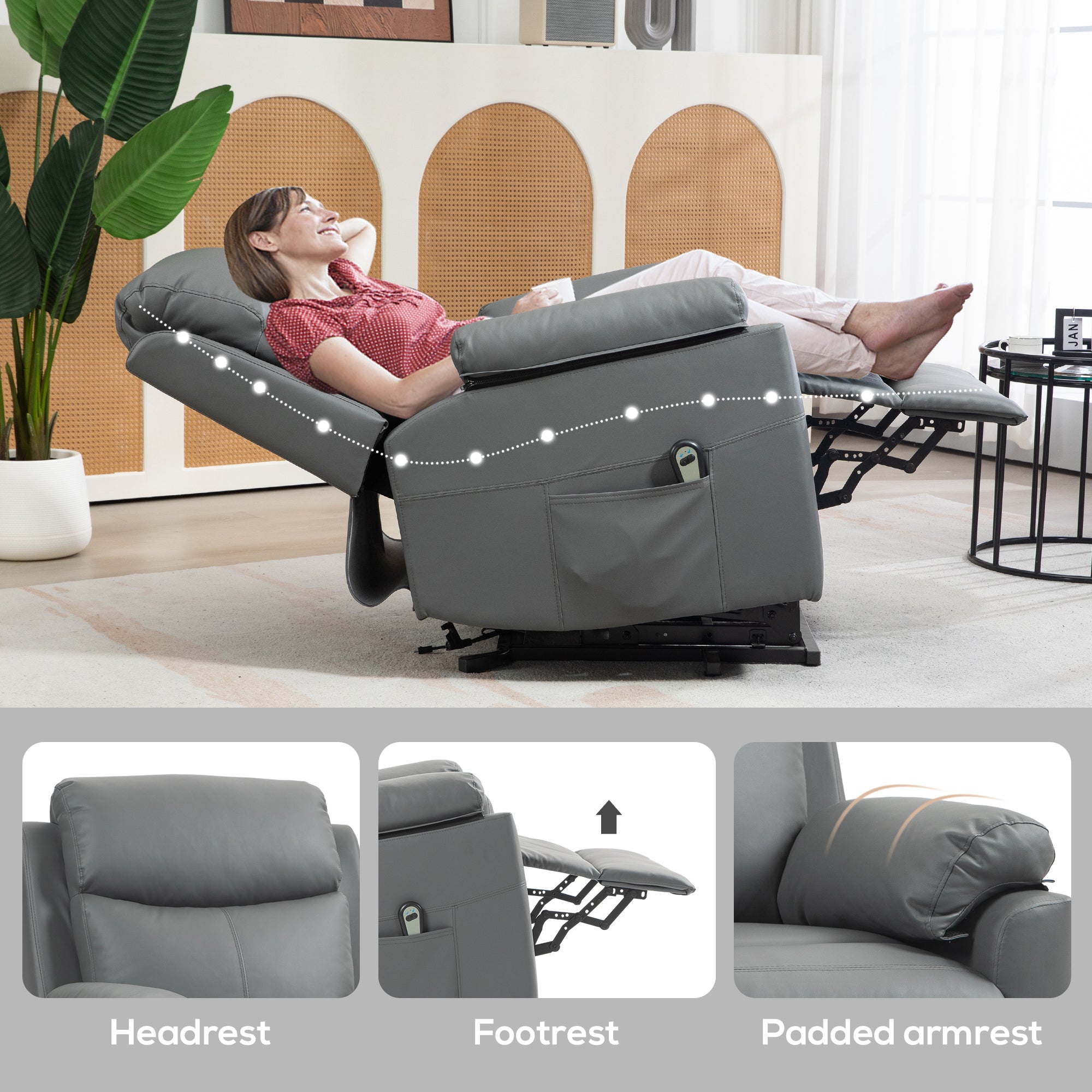 HOMCOM Faux Leather 70° Electric Riser Recliner Chair - Grey - North Peak Garden Furniture