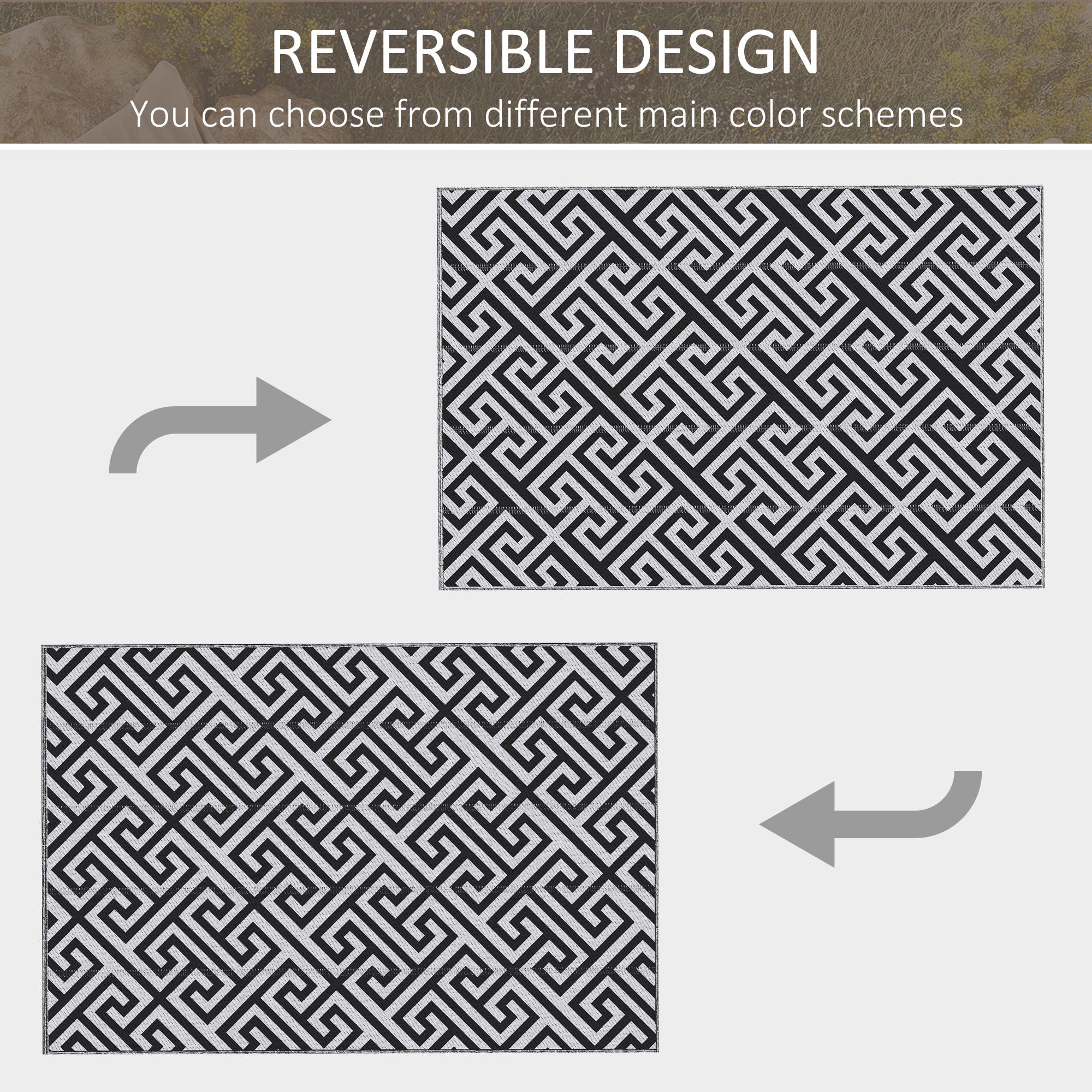 Outsunny 182 x 274 cm(6x9ft) Outdoor Rug Reversible Mat Plastic Straw Rug Portable RV Camping Mat for Garden Deck Picnic Indoor, Black & White - North Peak Garden Furniture