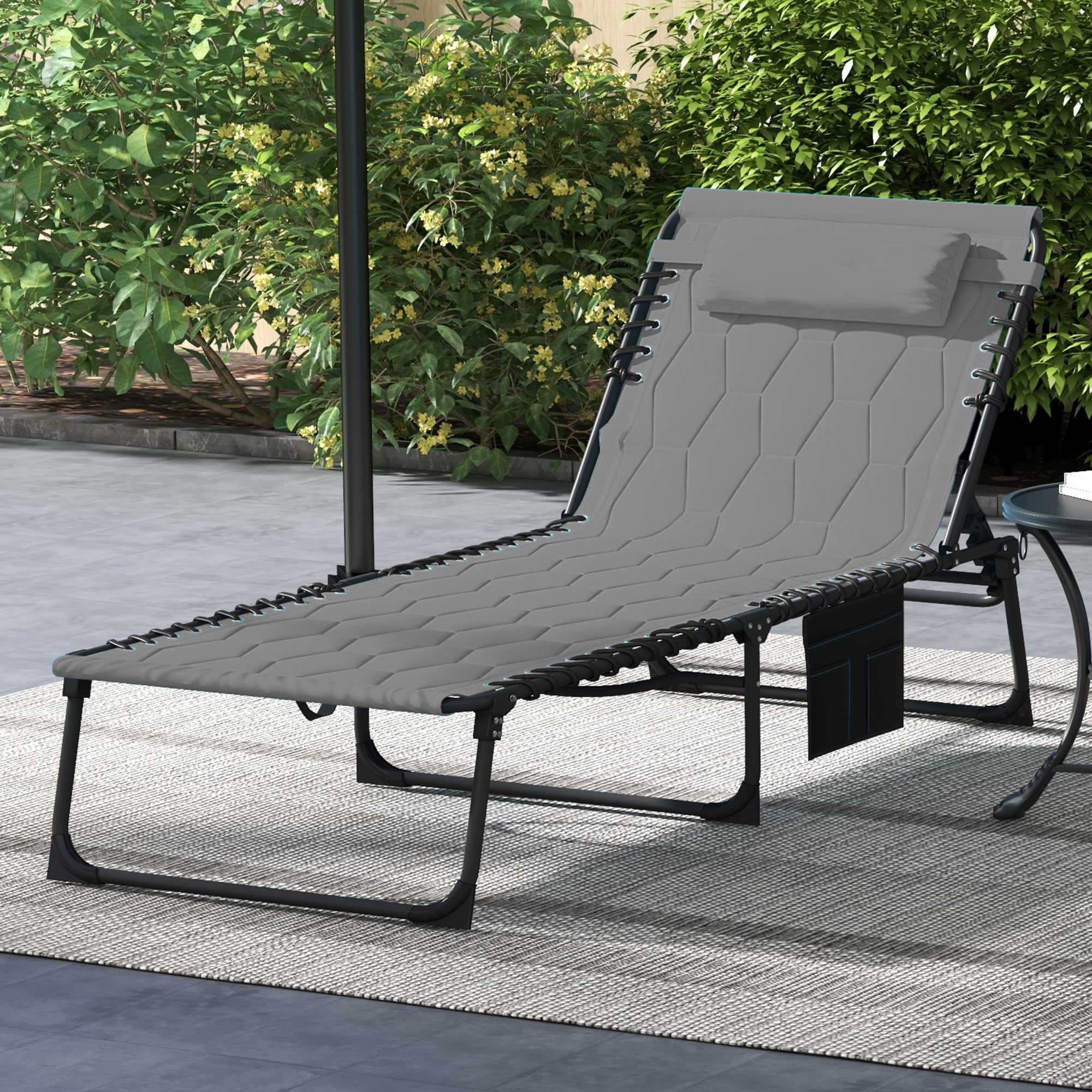 Outsunny Foldable Sun Lounger with 5-level Reclining Back, Outdoor Tanning Chair Sun Lounger with Build-in Padded Seat, Side Pocket, Headrest for Beach, Yard, Patio, Grey - North Peak Garden Furniture