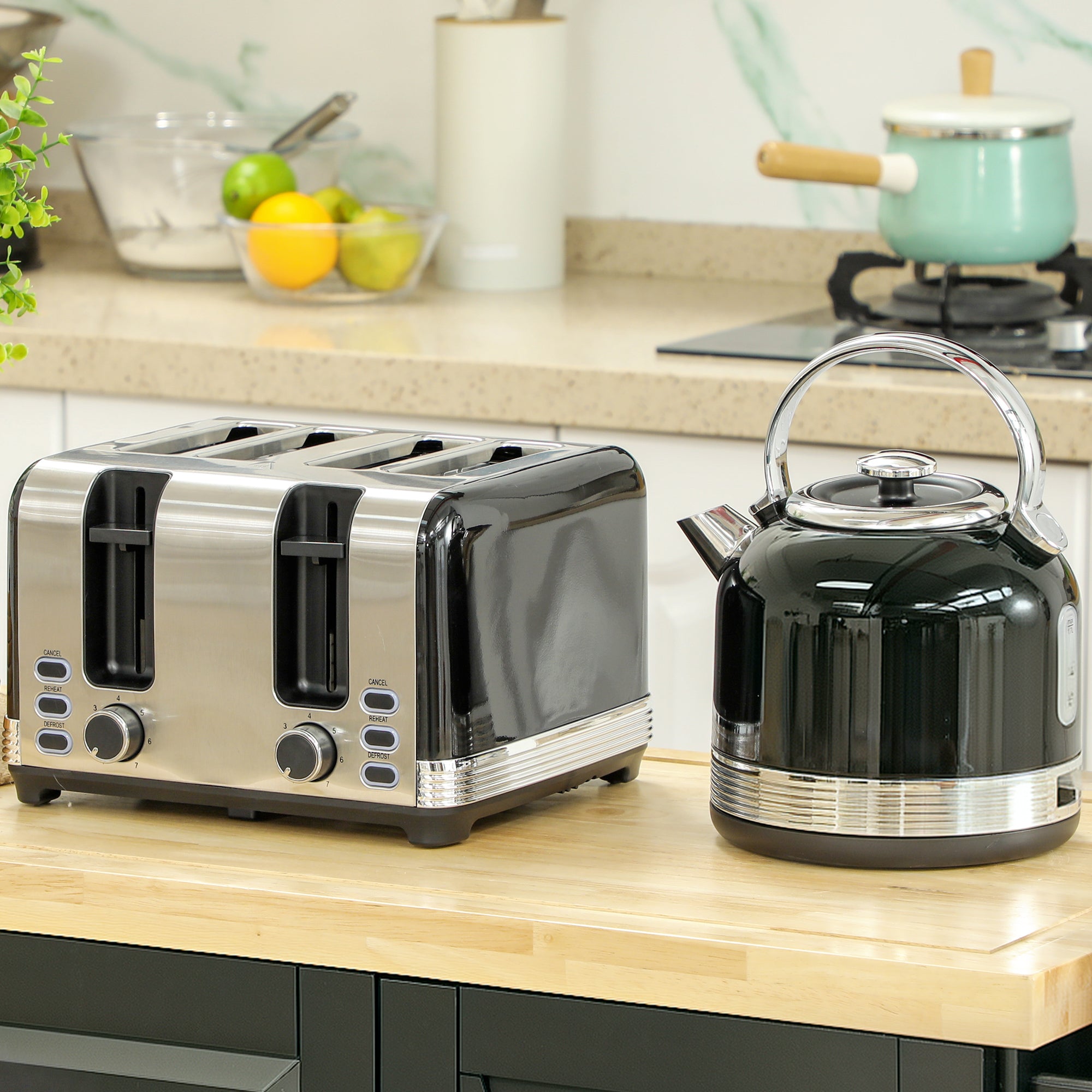 HOMCOM Polished Metal Kettle and Toaster Set - Black - North Peak Garden Furniture