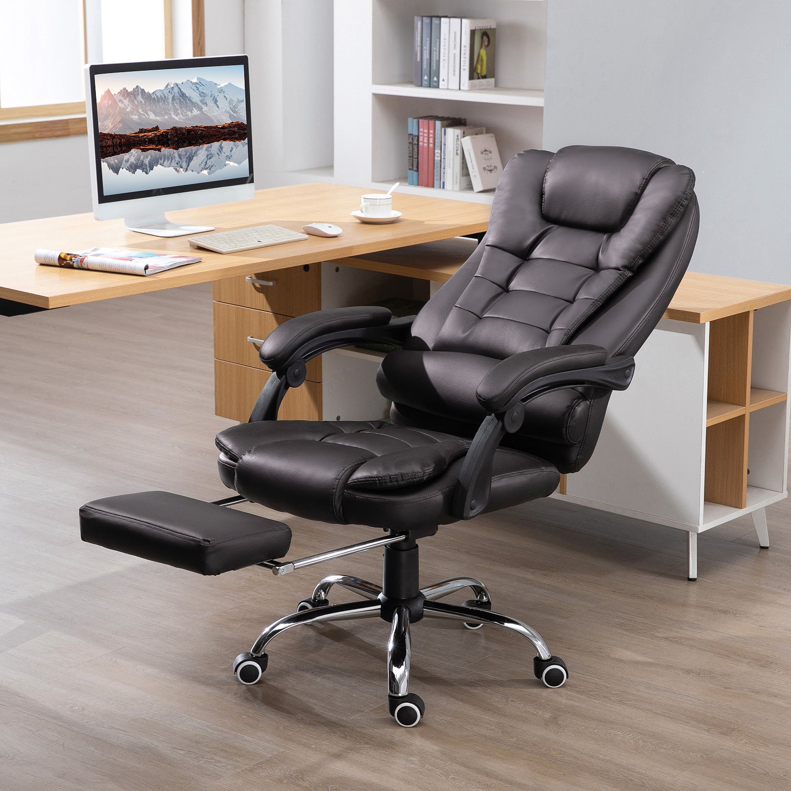 HOMCOM PU Leather Executive Office Chair, High Back Swivel Chair with Retractable Footrest, Adjustable Height, Reclining Function, Brown - North Peak Garden Furniture