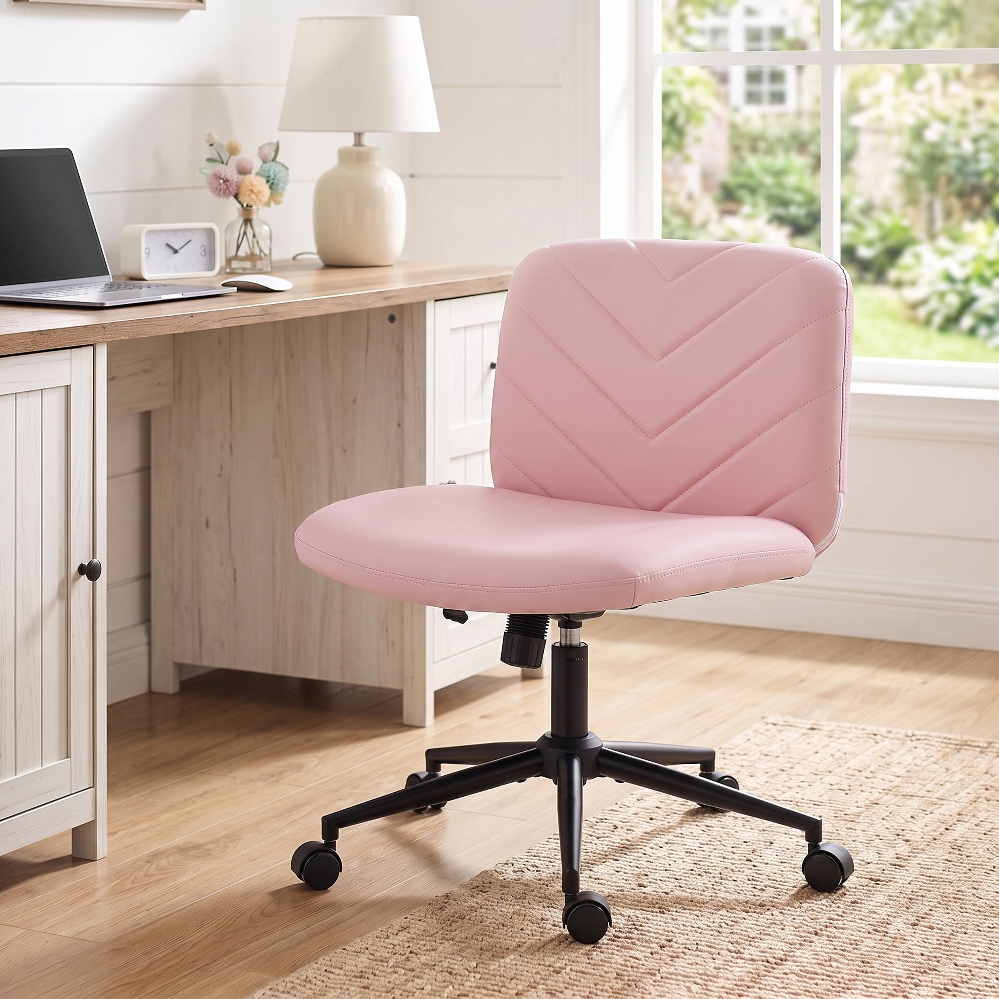 HOMCOM Home Office Desk Chair Height Adjustable Swivel Chair Cross Legged Wide Seat Swivel Wheels Pink