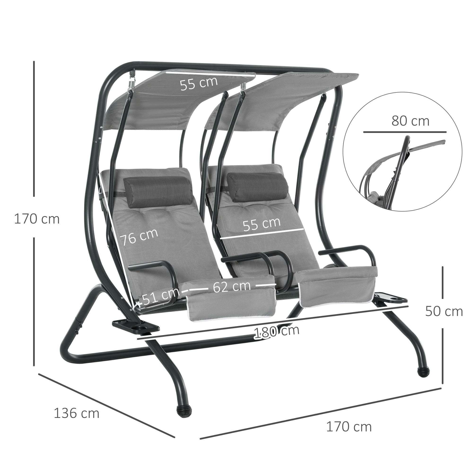 Outsunny Double Seat Swing Chair Modern Garden Swing w/ 2 Separate Relax Chairs, Handrails, Headrests and Removable Canopy, Grey