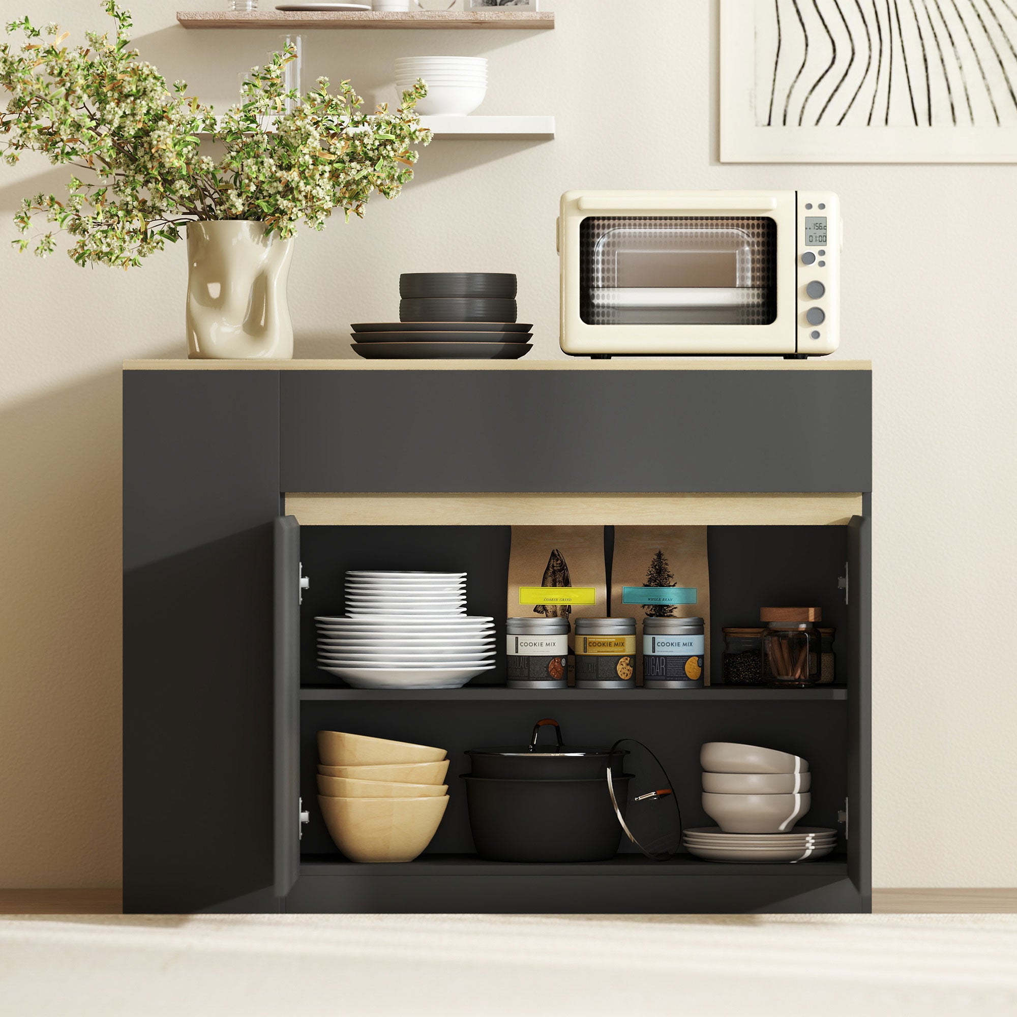 HOMCOM Sideboard, Storage Cabinet with Adjustable Shelf, 2 Drawers, 3 Open Shelves, Black