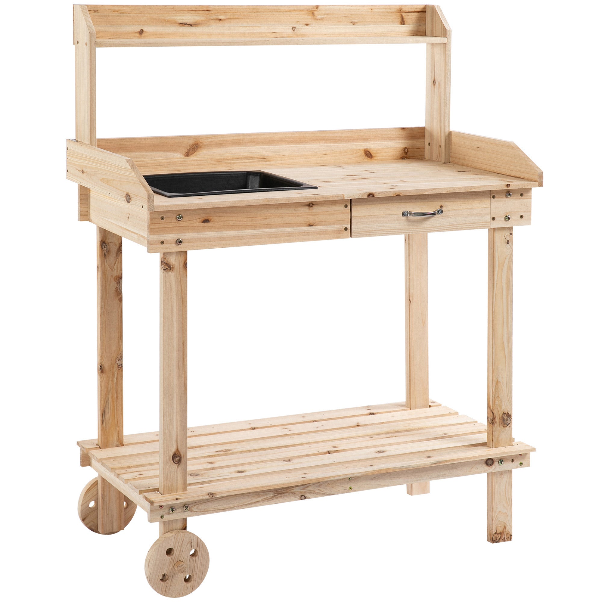 Outsunny Garden Potting Bench Table, Wooden Work Station, Outdoor Planting Workbench with 2 Wheels, Sink, Drawer & Large Storage Spaces, 92x45x119cm - North Peak Garden Furniture