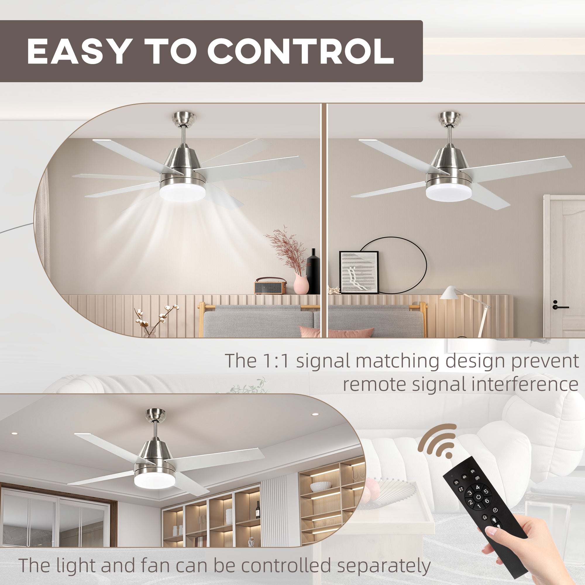 HOMCOM Ceiling Fan with LED Light, Flush Mount Ceiling Fan Lights with Reversible Blades, Remote, Silver and Black - North Peak Garden Furniture