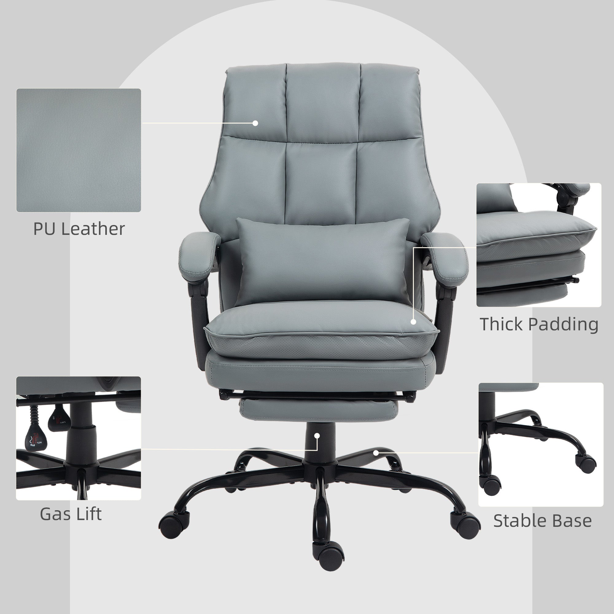 HOMCOM Faux Leather Reclining Office Chair, with Footrest - Grey - North Peak Garden Furniture