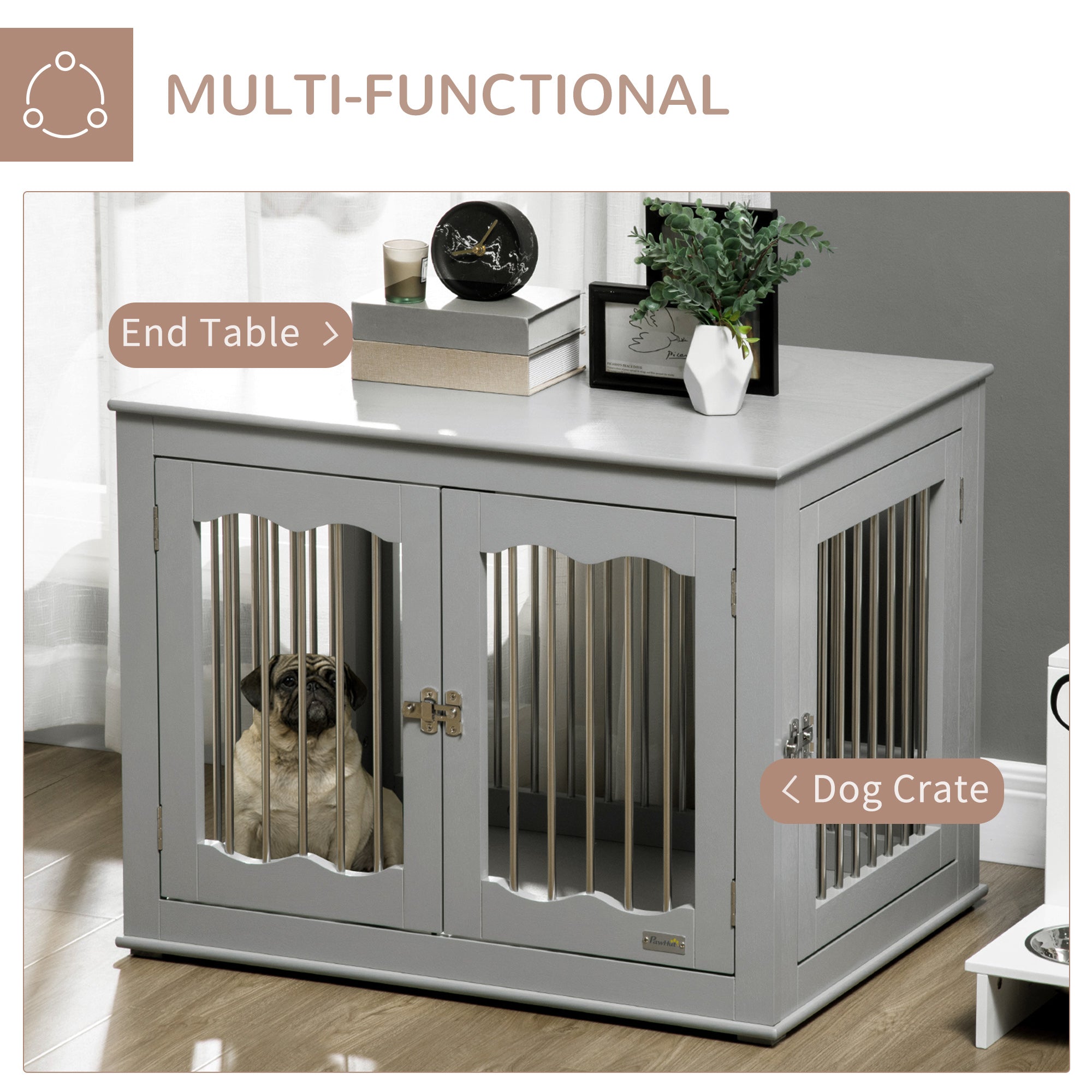 PawHut Dog Crate End Table Furniture Style Dog Cage w/ Three Doors, Locks and Latches - Grey - North Peak Garden Furniture