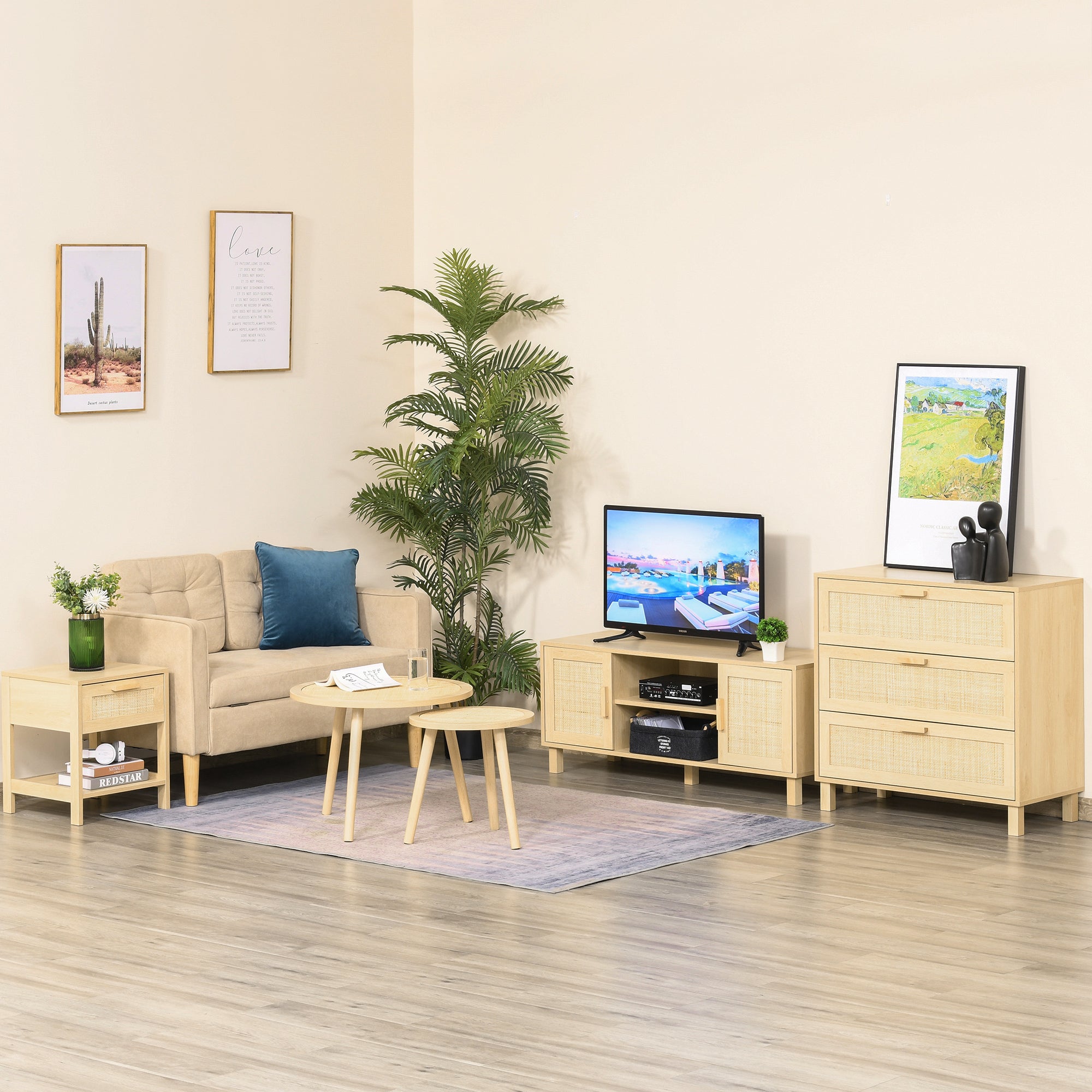 HOMCOM Nightstand with Rattan Drawer and Storage Shelf, Bedside End Table for Bedroom, Living Room - North Peak Garden Furniture
