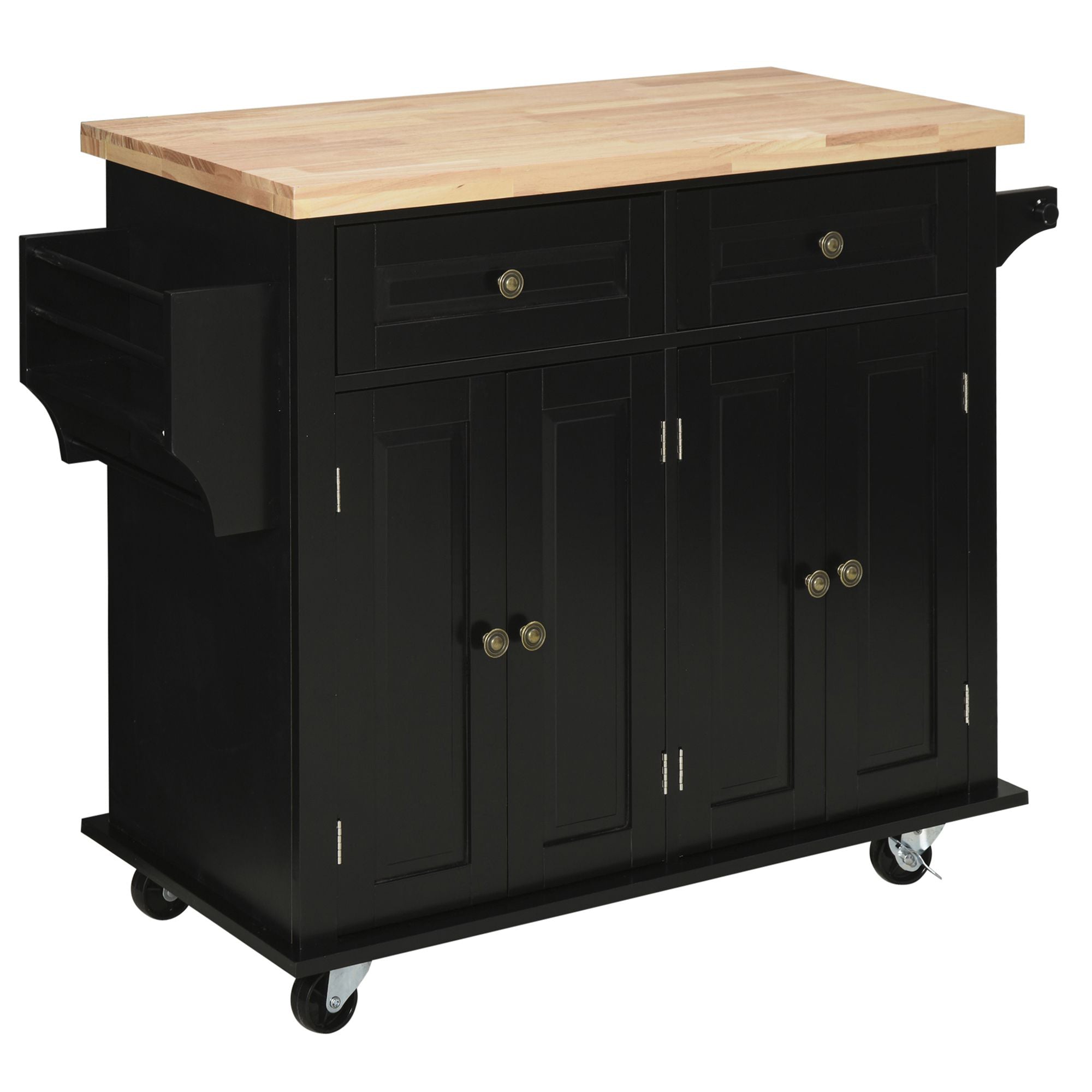 HOMCOM Rolling Kitchen Island Storage Trolley with Rubber Wood Top & Drawers for Dining Room, Black - North Peak Garden Furniture