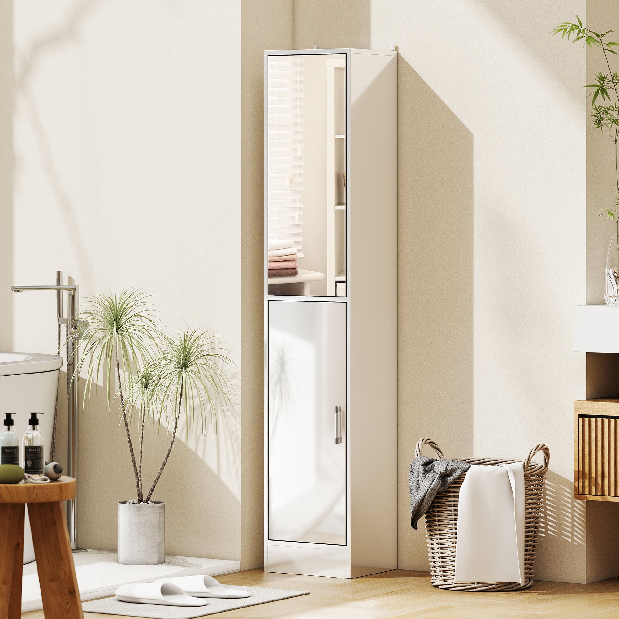 kleankin Tall Bathroom Cabinet with Mirror and Adjustable Shelf - High Gloss White