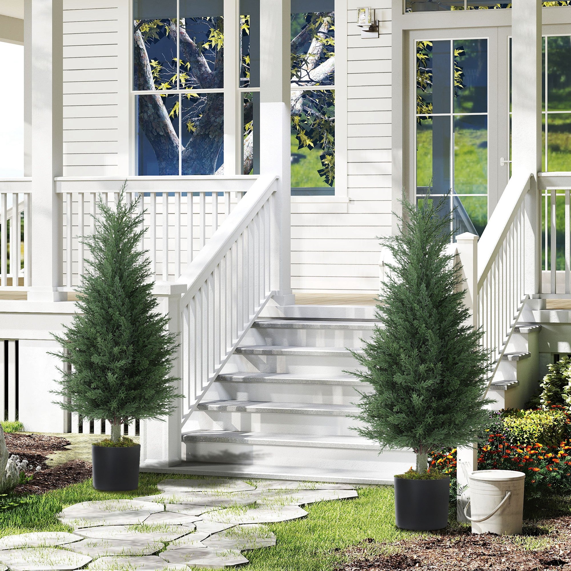 HOMCOM Set of 2 Decorative Artificial Plant, 90 cm Cypress Tree with 362 Leaves in Pot, UV-Resistant Plastic Fake Tree for Indoor Outdoor Home Office - North Peak Garden Furniture