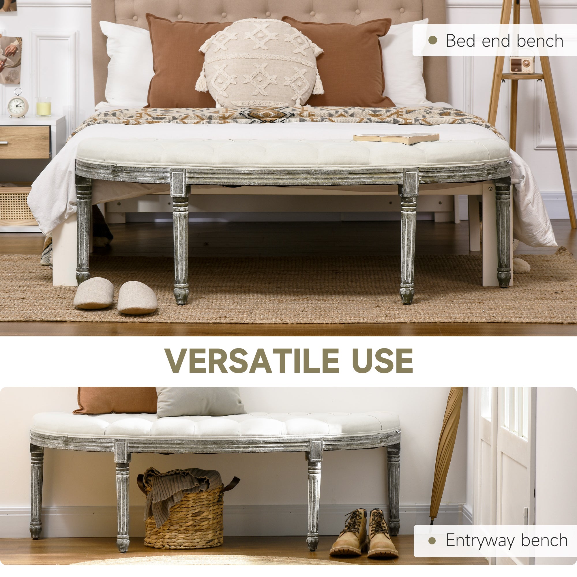 HOMCOM Half-Circle End Bench Ottoman Footstool Tufting Padded Seat Brushed Wood Base Antique Accents Home Seat Furniture Cream White and Light Wood Grain Leg - North Peak Garden Furniture