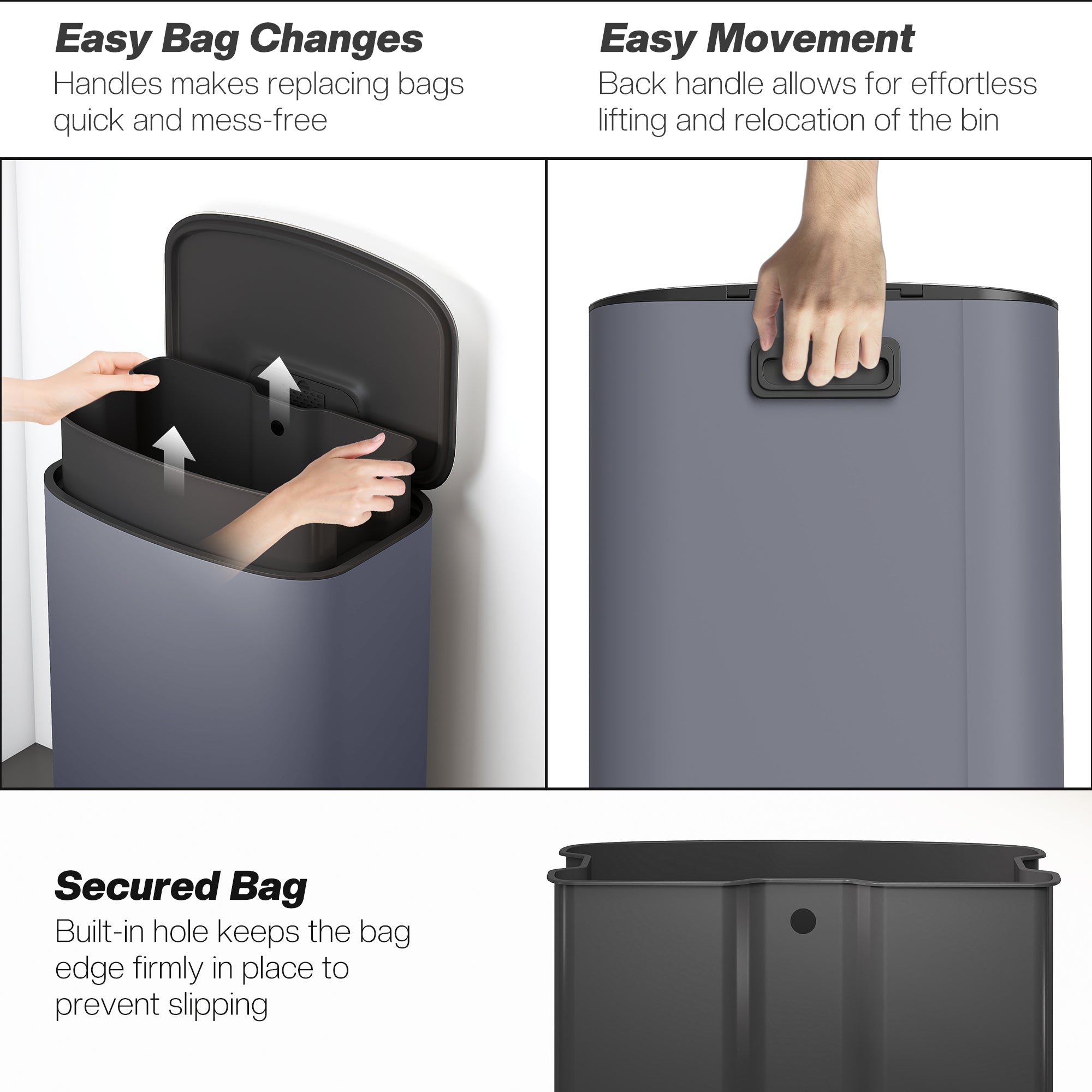 HOMCOM 50L Kitchen Bin with Soft-Close Lid and Stay-Open Function, Stainless Steel Pedal Bin with Removable Inner Bucket, Carry Handle for Kitchen, Office, Home, Grey