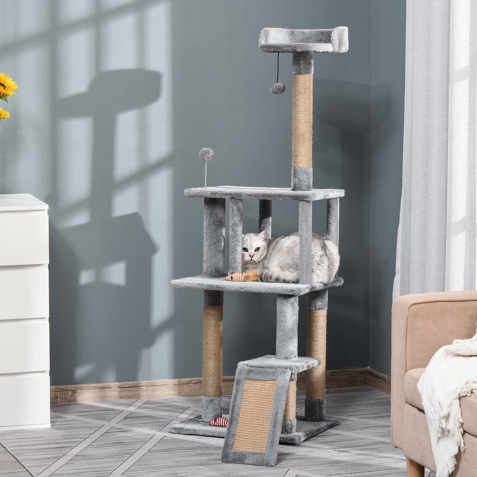 PawHut Cat Tree Tower for Indoor Cats 142cm Climbing Kitten Activity Center with Jute Scratching Post  Board Perch Roomy Condo Removable Felt Hanging Toy, Grey