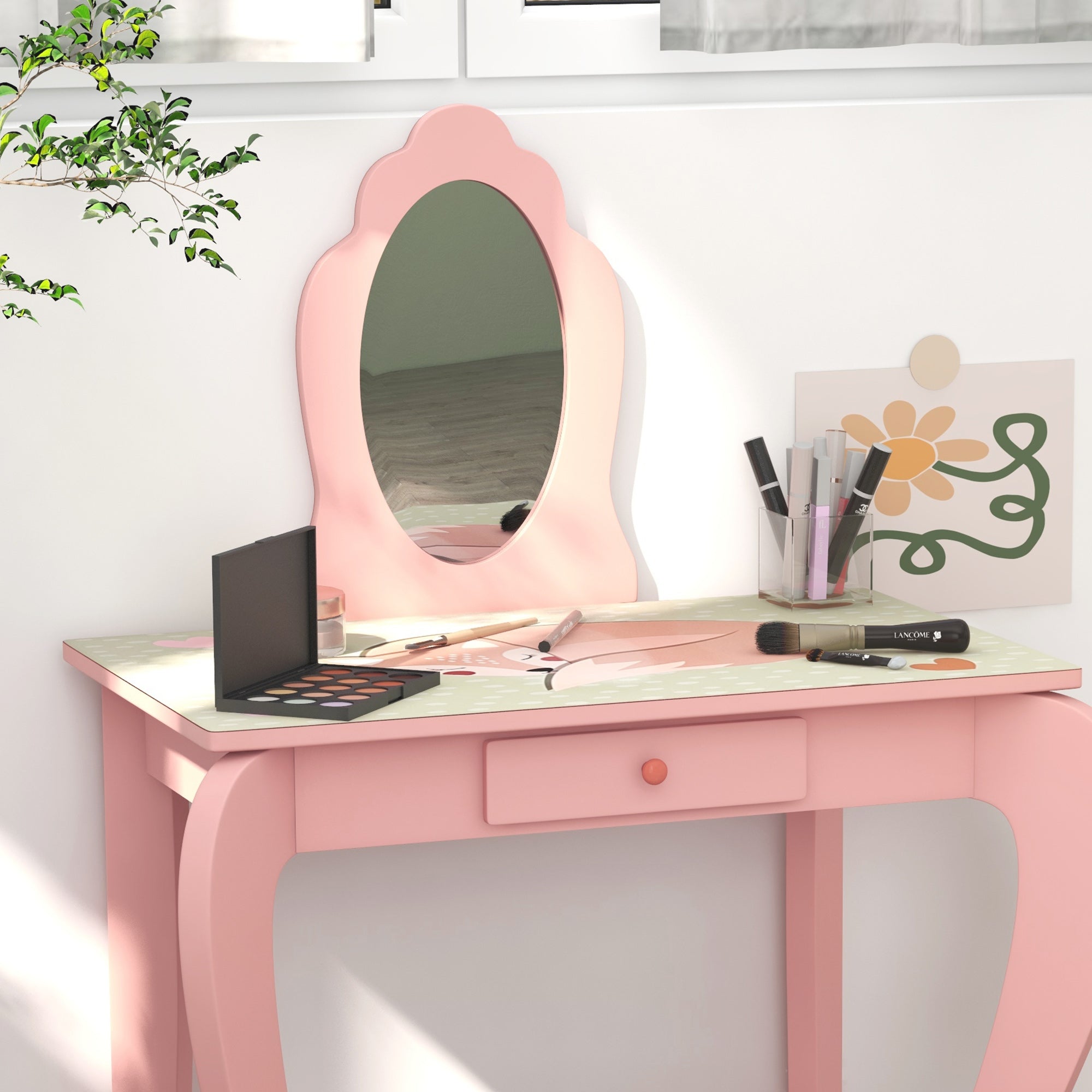 ZONEKIZ Kids Dressing Table with Mirror, Stool, Drawer, Cute Animal Design - Pink - North Peak Garden Furniture