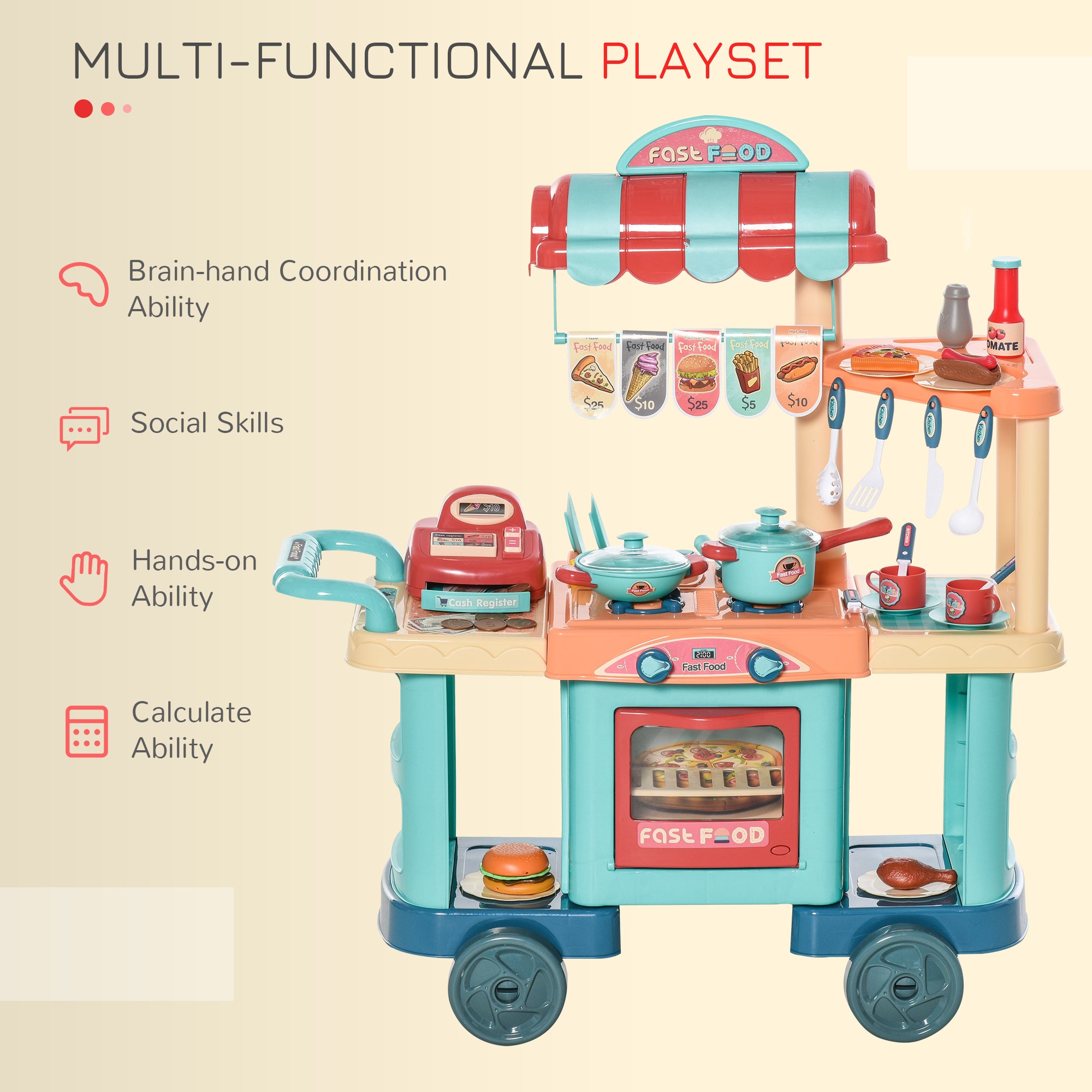 HOMCOM 50 Pcs Kids Kitchen Play set Fast Food Trolley Cart Pretend Playset Toys with Play Food Cashier Register Accessories Gift for Boys Girls Age 3-6 - North Peak Garden Furniture