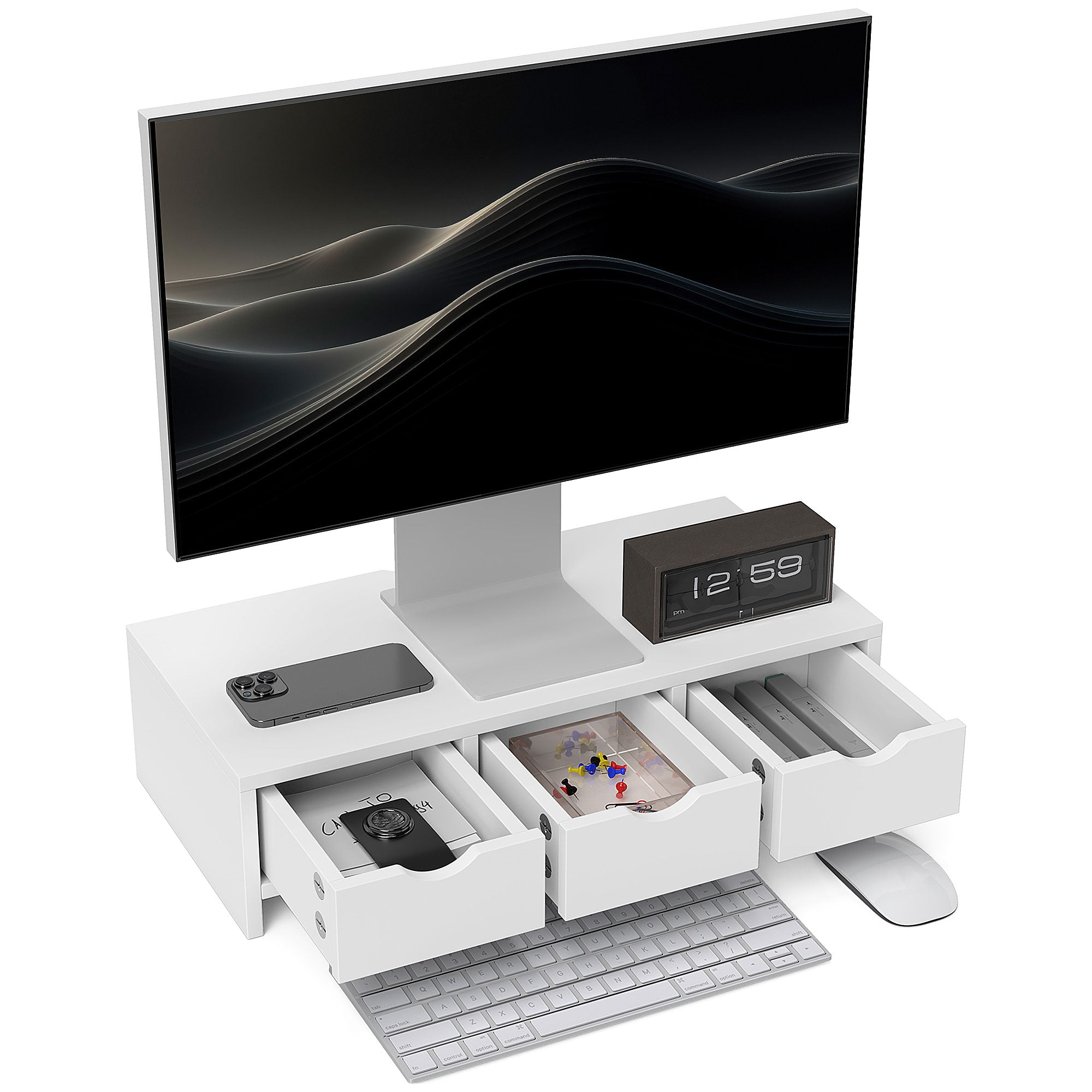 HOMCOM Monitor Stand Riser with 3 Drawers, Monitor Riser for Laptop, Computer, PC, Small Printer, 51 x 24 x 13cm, White - North Peak Garden Furniture