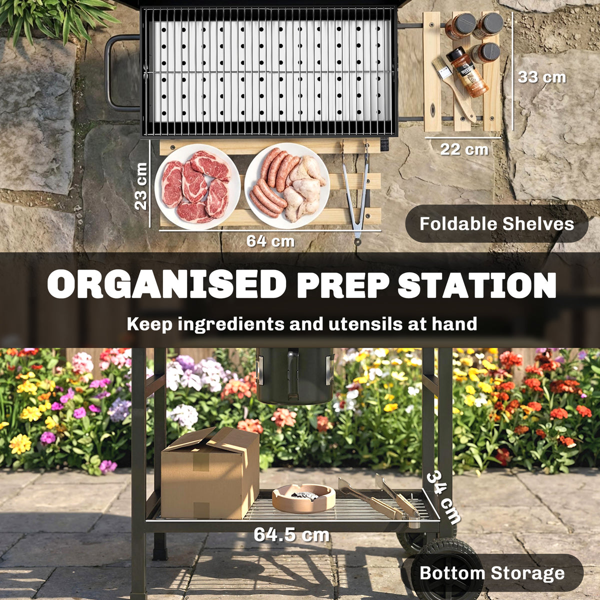 Outsunny Charcoal Grill, Barrel BBQ Smoker with Warming Rack, Charcoal BBQ Grill with Foldable Shelves, Natural Wood and Black