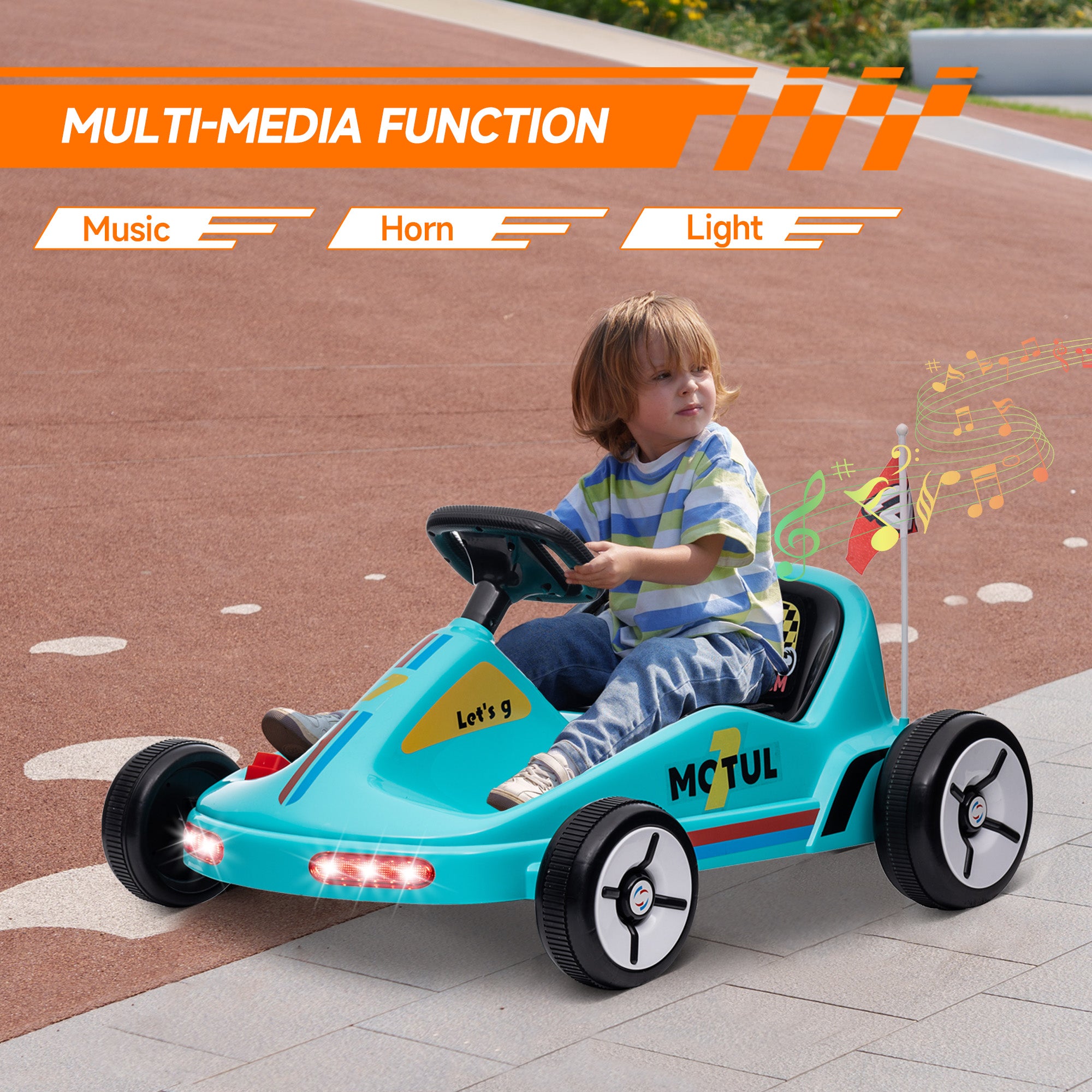 AIYAPLAY 6V Electric Go Kart for Kids with Music, Light, Horn, for 3-5 Years, Blue - North Peak Garden Furniture