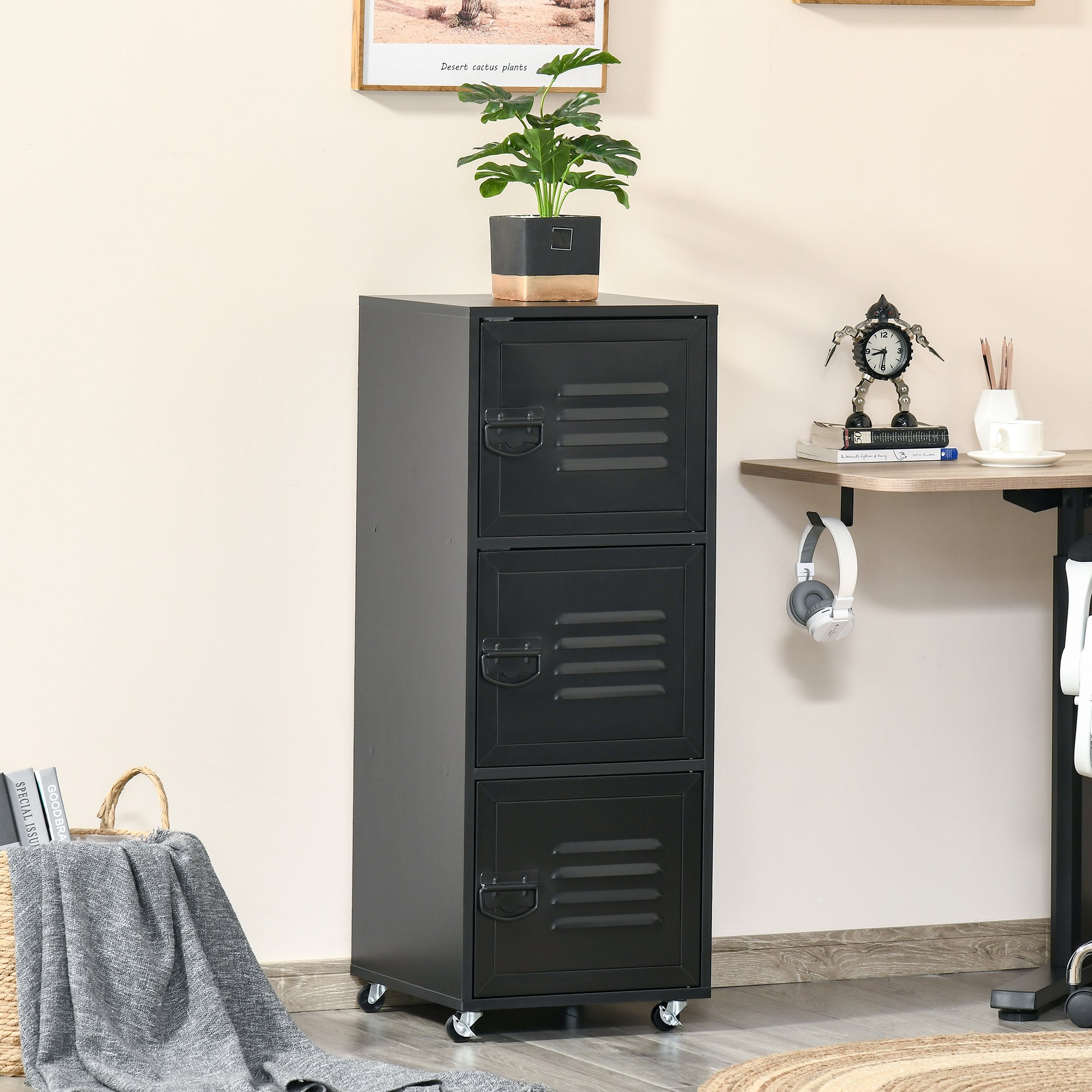 HOMCOM Rolling Storage Cabinet 3-Tier Mobile File Cabinet with Wheels & Metal Doors for Home Office, Living Room, Black