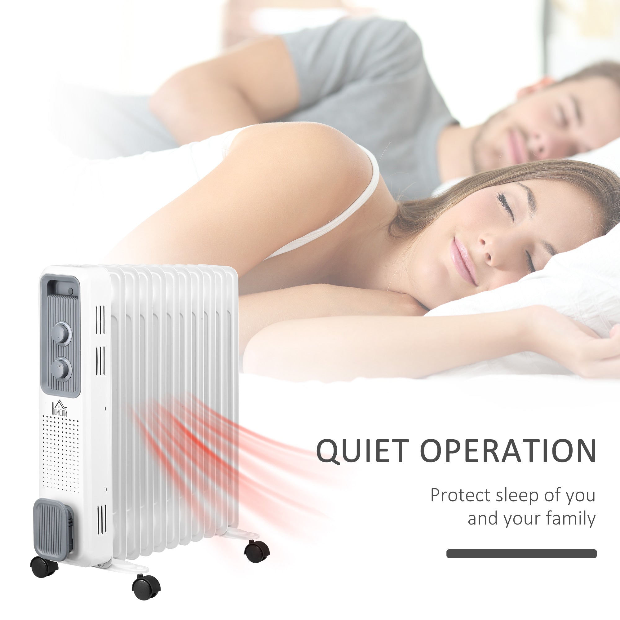 HOMCOM 2500W Oil Filled Radiator, 11 Fin, Portable Electric Heater with 3 Heat Settings, Safety Cut-Off and Wheels, White - North Peak Garden Furniture