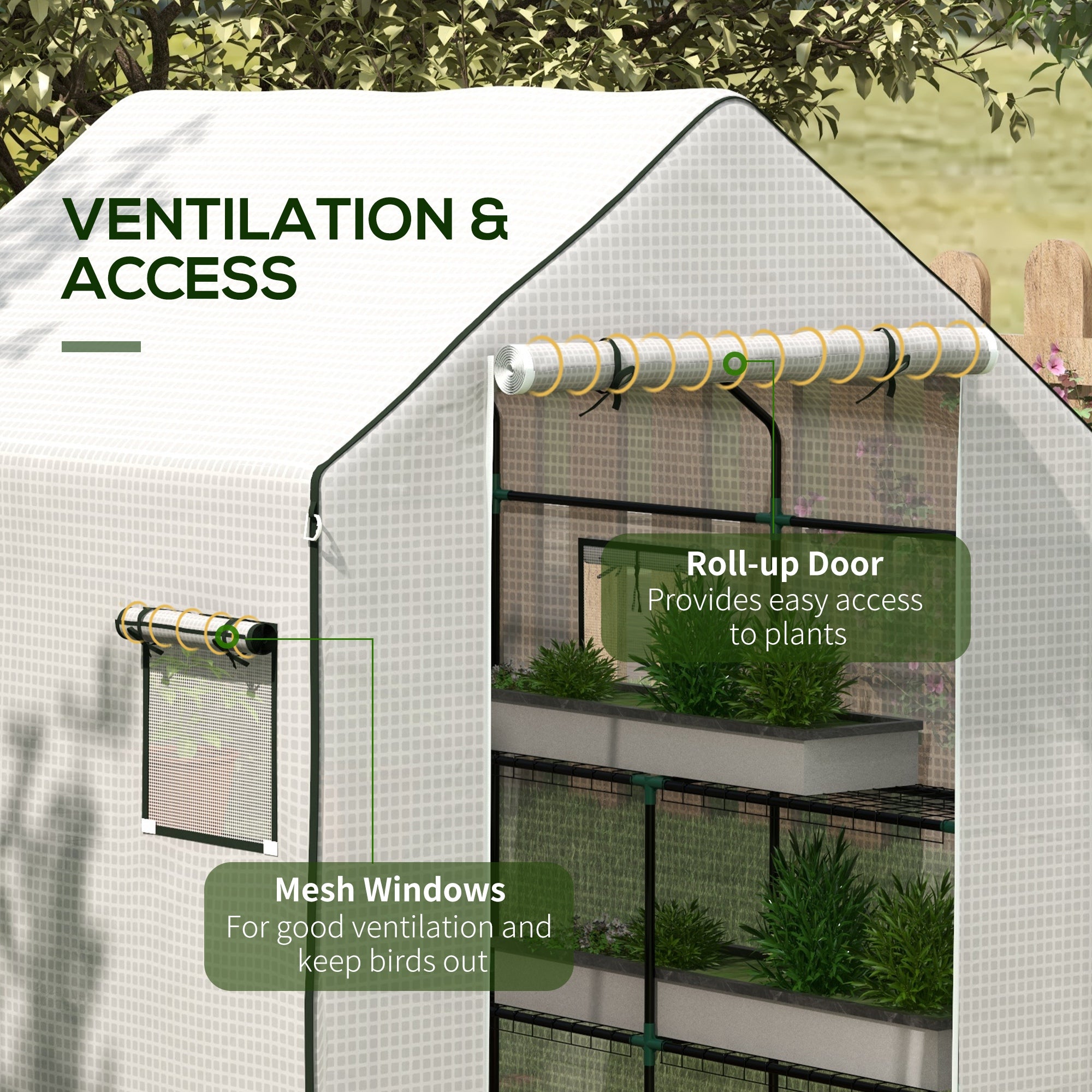Outsunny Greenhouse Cover Replacement Walk-in PE Hot House Cover with Roll-up Door and Windows, 140 x 143 x 190cm, White - North Peak Garden Furniture