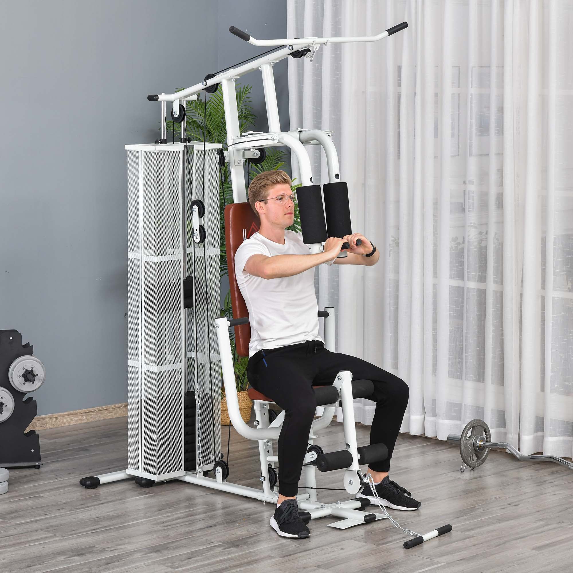 HOMCOM Multifunction Home Gym Weight Training Workout Station Fitness Strength Machine, White - North Peak Garden Furniture