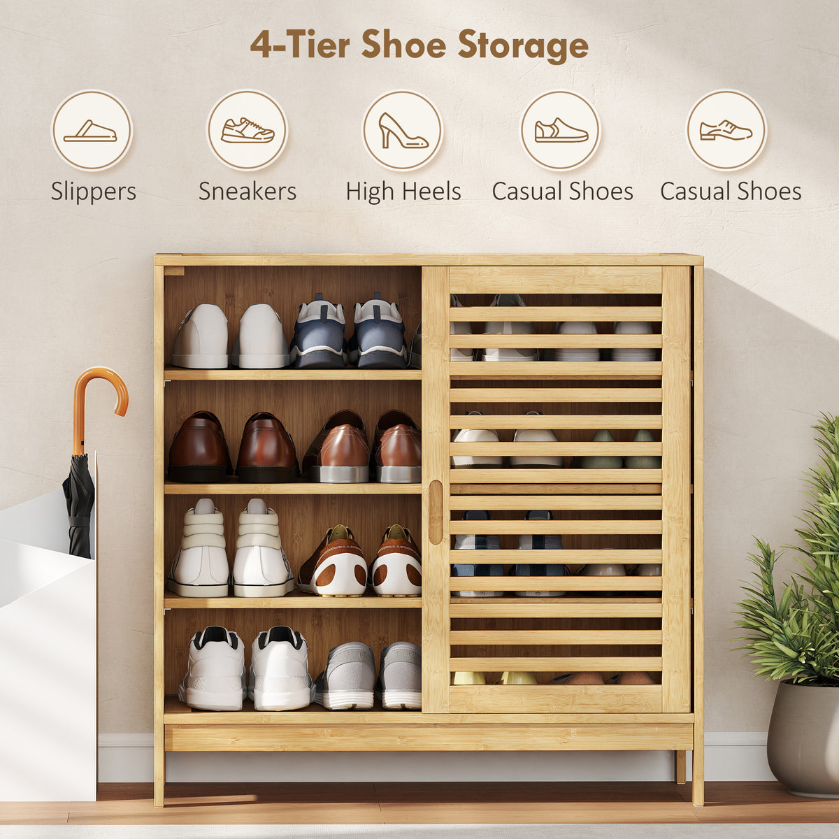 HOMCOM Bamboo Shoe Cabinet with 2 Sliding Slat Doors, 16Pairs, Adjustable Shelves, Natural
