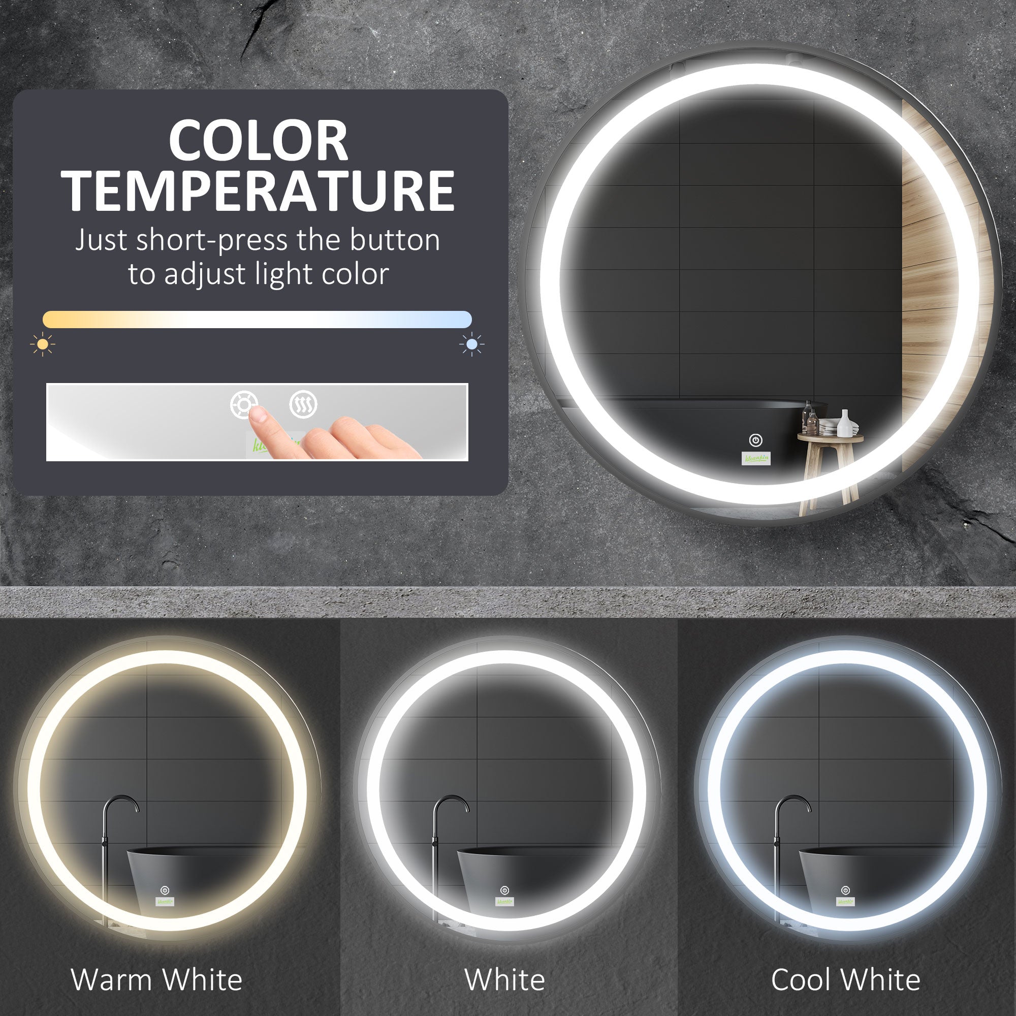 kleankin Round LED Bathroom Mirror, Dimmable Lighted Wall-Mounted Mirror with 3 Temperature Colours, Memory Function, Hardwired - North Peak Garden Furniture