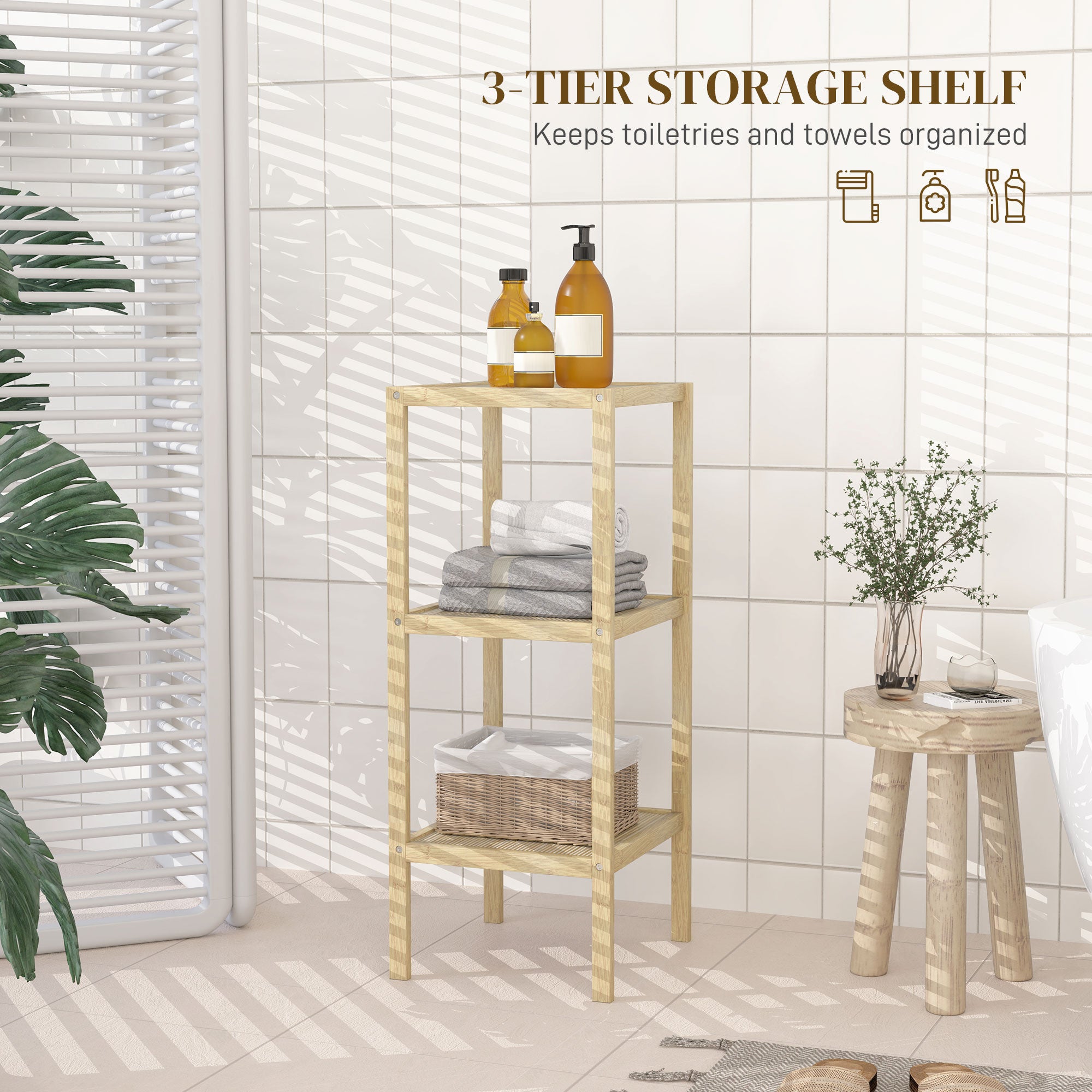 HOMCOM 3-Tier Bamboo Bathroom Storage Shelves, Freestanding Storage Shelving Unit, Multifunctional Display Plants Stand Shelf Rack Organiser, Natural - North Peak Garden Furniture