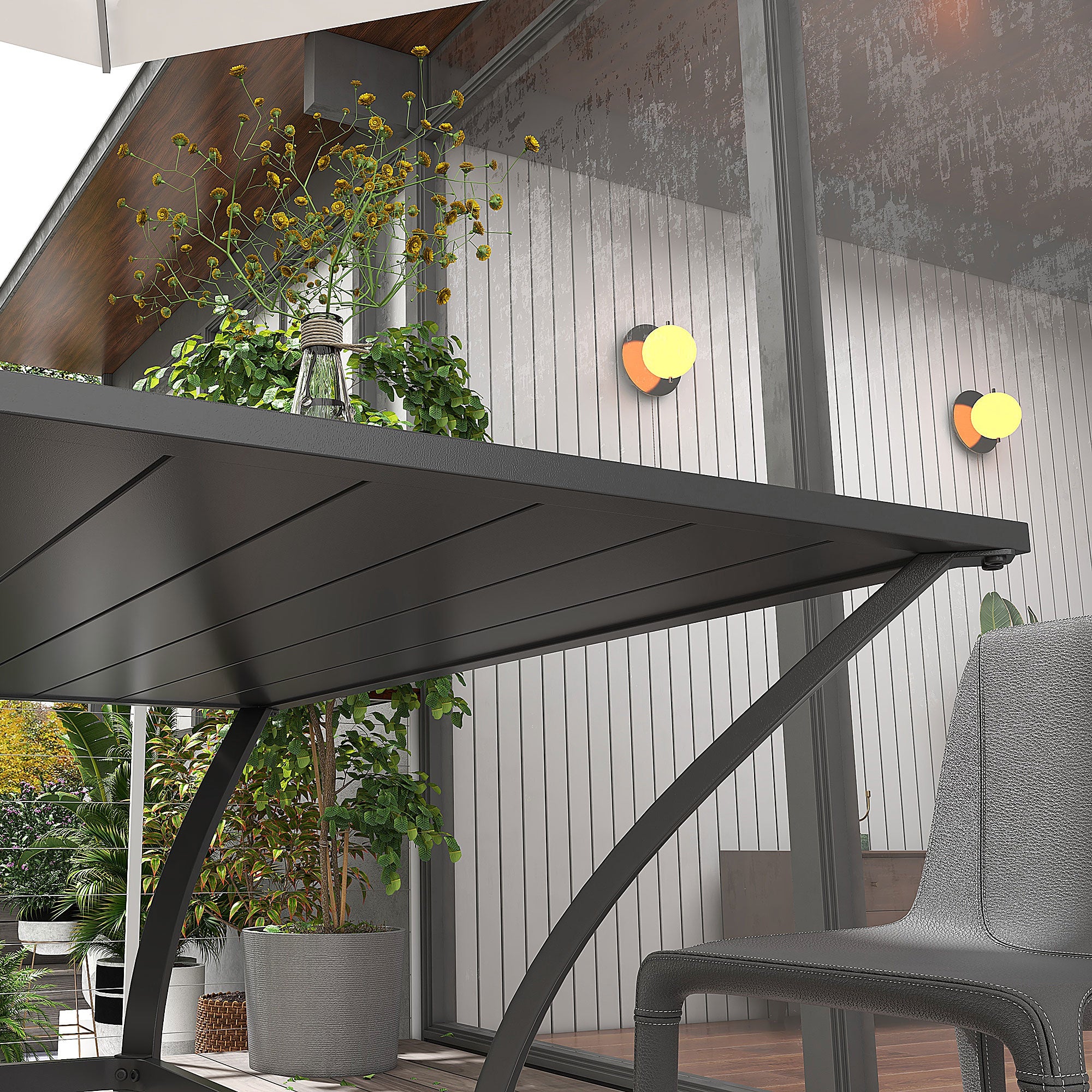 Outsunny 94 x 94 cm Garden Table with Parasol Hole, Outdoor Dining Garden Table for Four with Slatted Metal Plate Top, Dark Grey - North Peak Garden Furniture