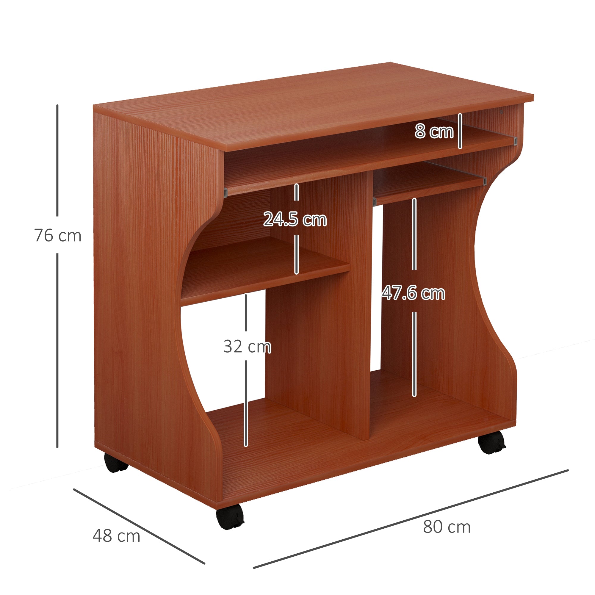 HOMCOM Movable Computer Desk with Sliding Keyboard Tray, PC Laptop Table with Storage Shelves, Workstation on Wheels, 80x48x76cm - North Peak Garden Furniture