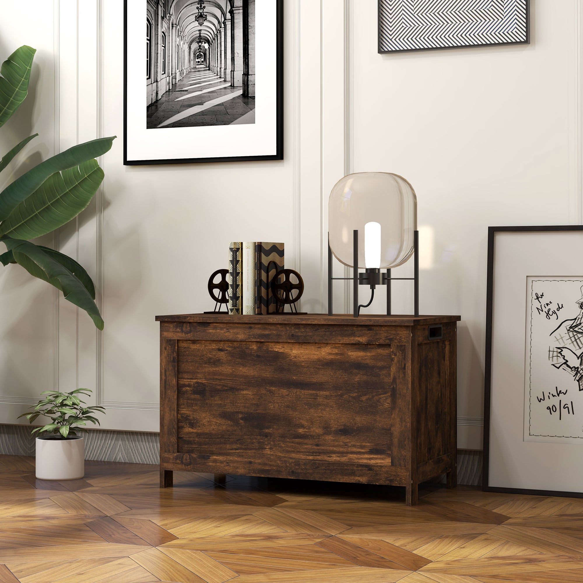 HOMCOM Storage Chest, Modern Storage Trunk with 2 Safety Hinges and Cut-out Handles, Wooden Toy Box for Living Room, Entryway, 76 x 40 x 48 cm, Rustic Brown - North Peak Garden Furniture