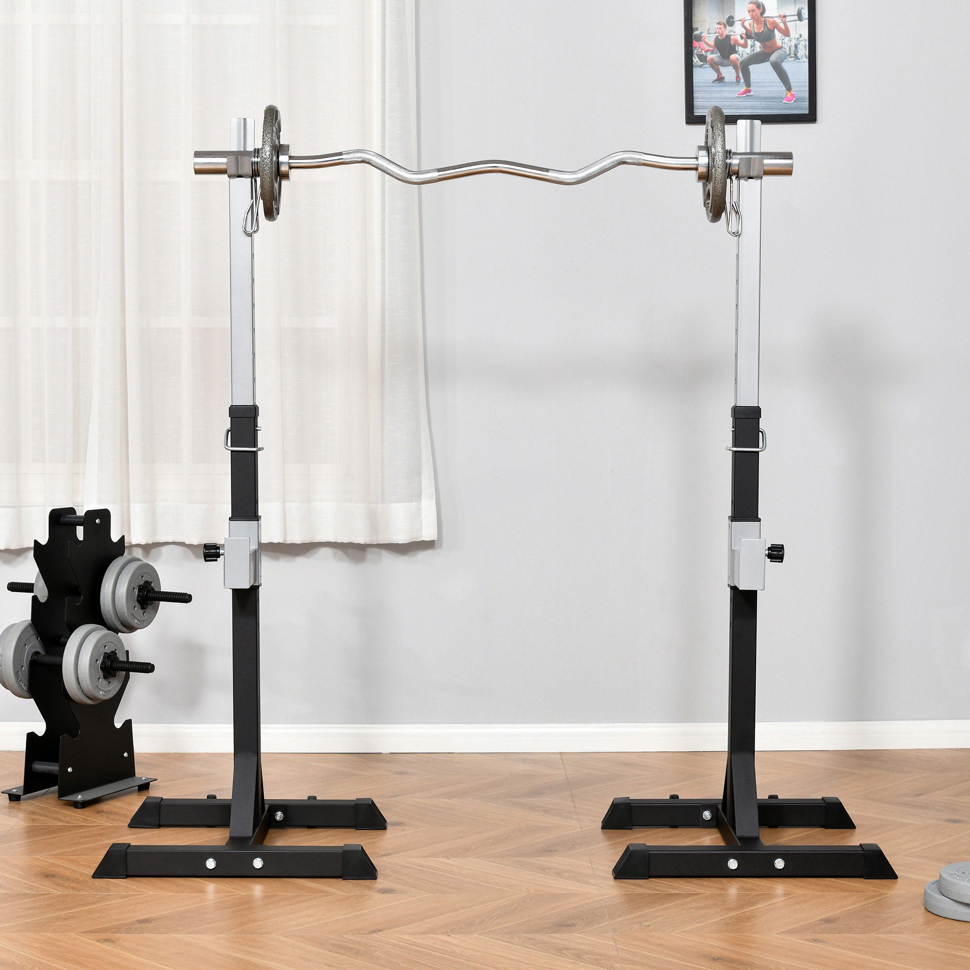 HOMCOM Barbell Squat Rack Adjustable Weight Lifting Bench Max Load 150kg Gym Fitness Strength Training Push up Dip Stand with Wheels - North Peak Garden Furniture