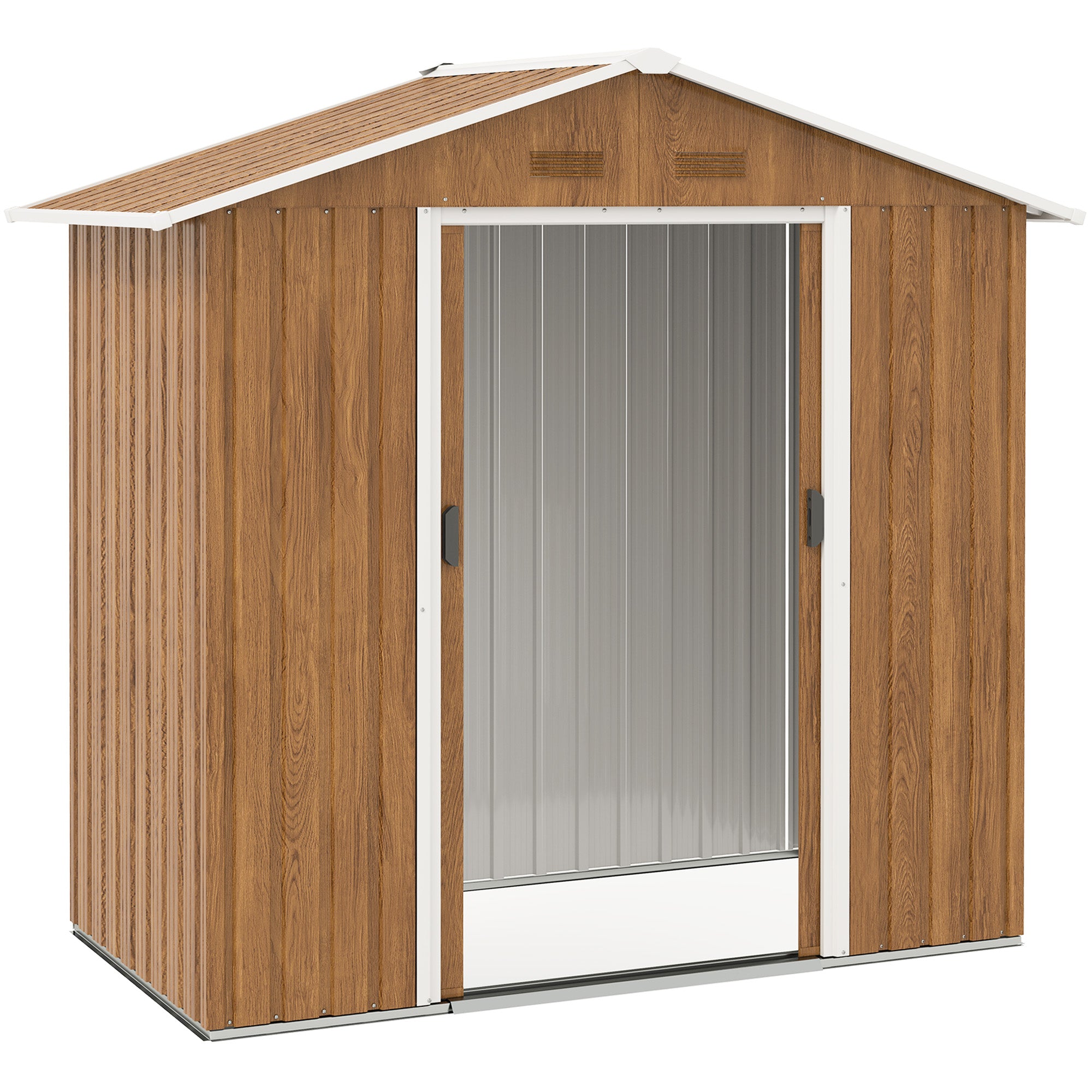 Outsunny 6.5 x 3.5ft Metal Garden Storage Shed - Brown Wood Effect - North Peak Garden Furniture