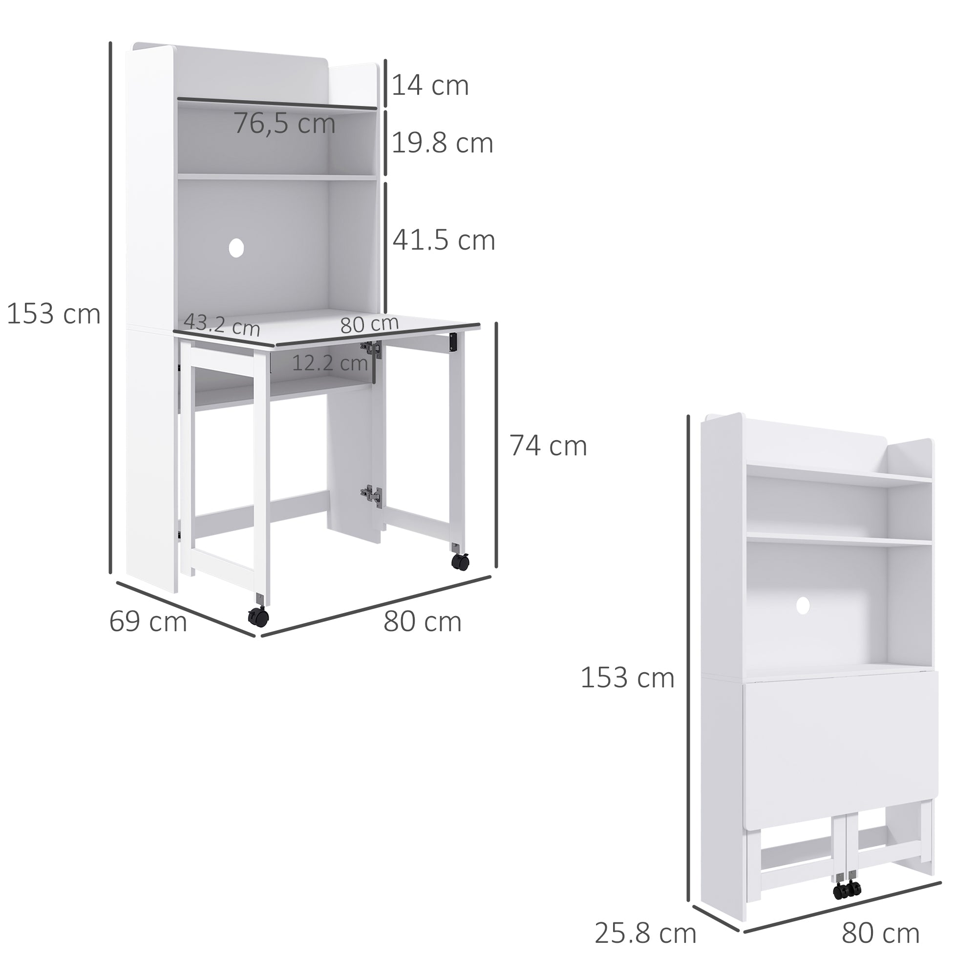 HOMCOM Foldable Desktop, Computer Desk with Storage Shelves, 80 x 69 x 155 cm, White