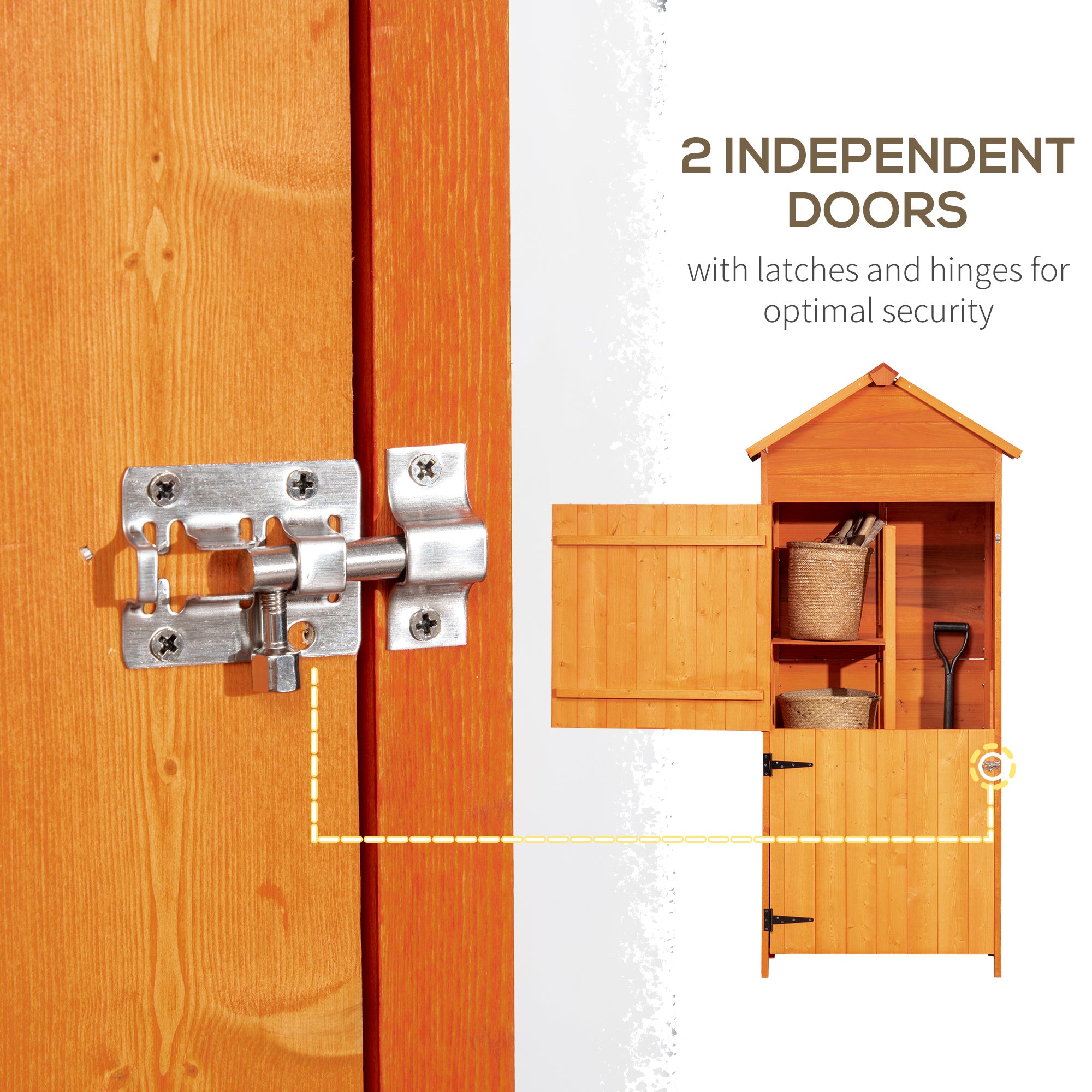 Outsunny Wooden Outdoor Storage Shed, Compact Utility Outdoor Tool Shed with Lockable Double Doors and Shelves, Orange - North Peak Garden Furniture
