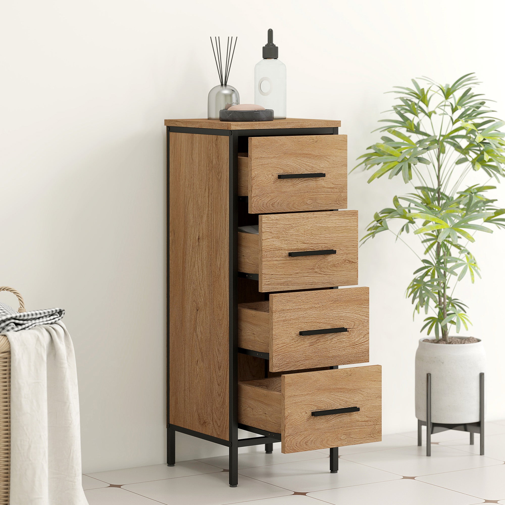 HOMCOM Narrow Bathroom Storage Cabinet with 4 Drawers - Oak - North Peak Garden Furniture