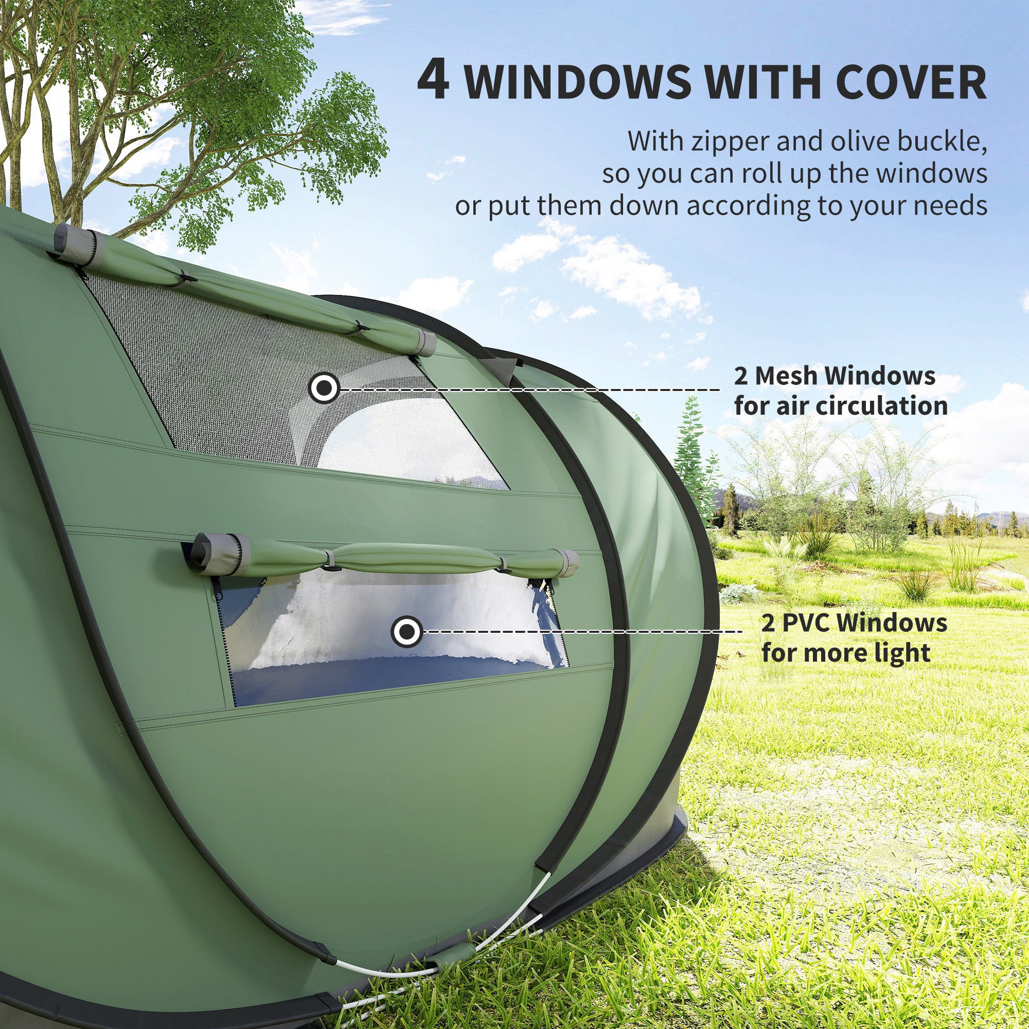 Outsunny 4-5 Person Pop-up Camping Tent Waterproof Family Tent w/ 2 Mesh Windows & PVC Windows Portable Carry Bag for Outdoor Trip, Dark Green