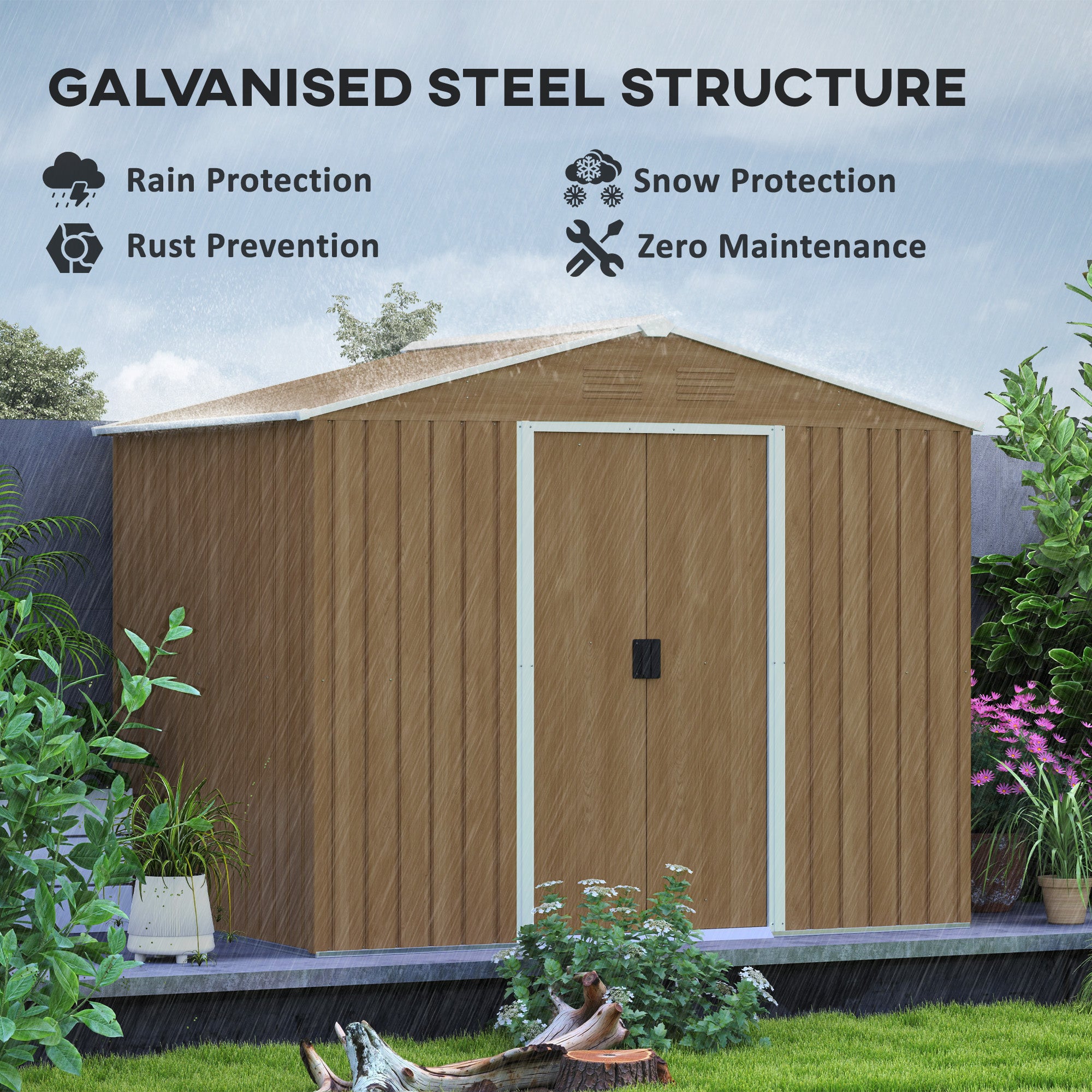 Outsunny 8 x 6ft Outdoor Garden Storage Shed, Metal Tool House with Ventilation and Sliding Doors Chocolate Wood Effect - North Peak Garden Furniture