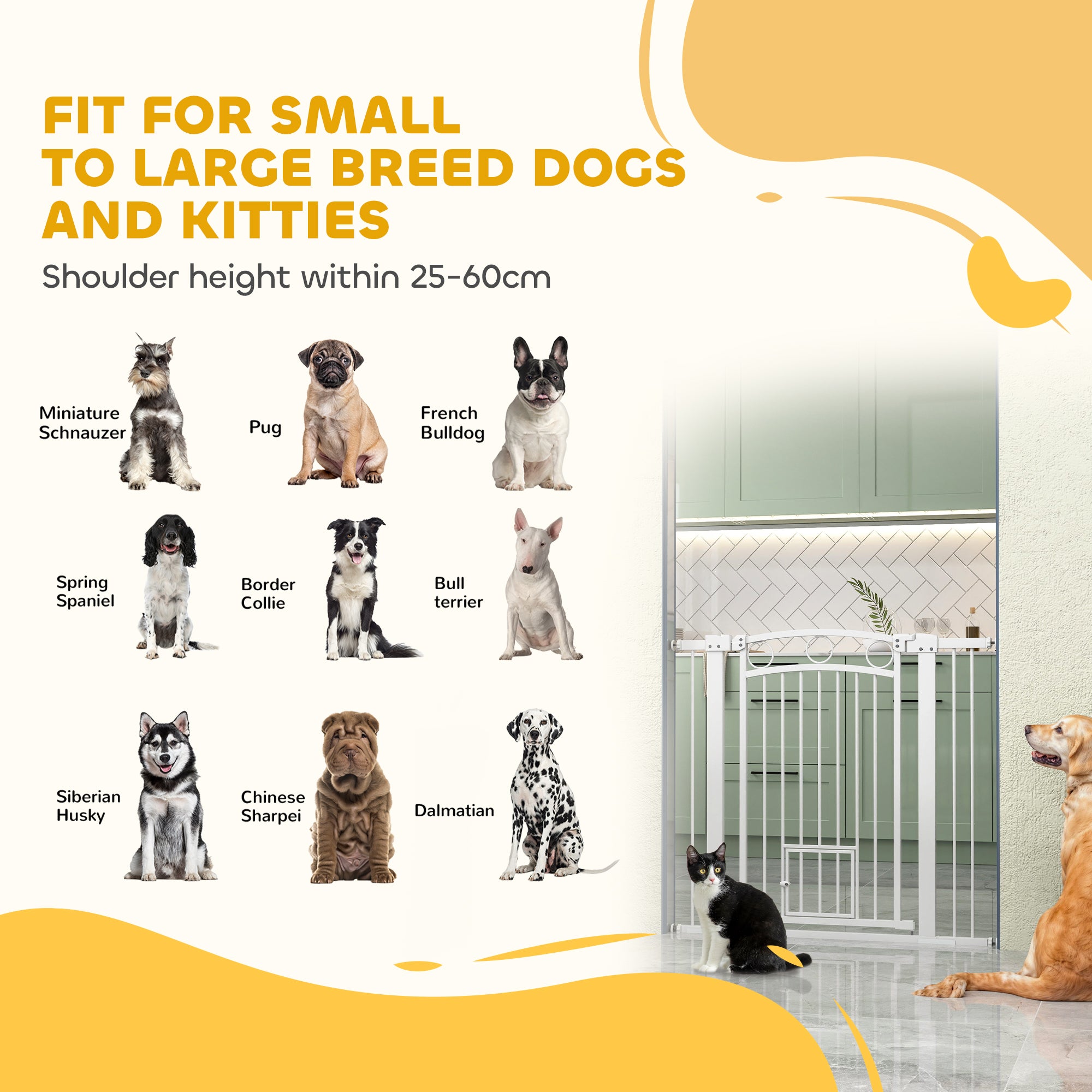 PawHut 96cm Tall Dog Gate with Cat Door, 7cm and 14cm Extensions, for Stairs, Doorways, 76-104cm Width - North Peak Garden Furniture