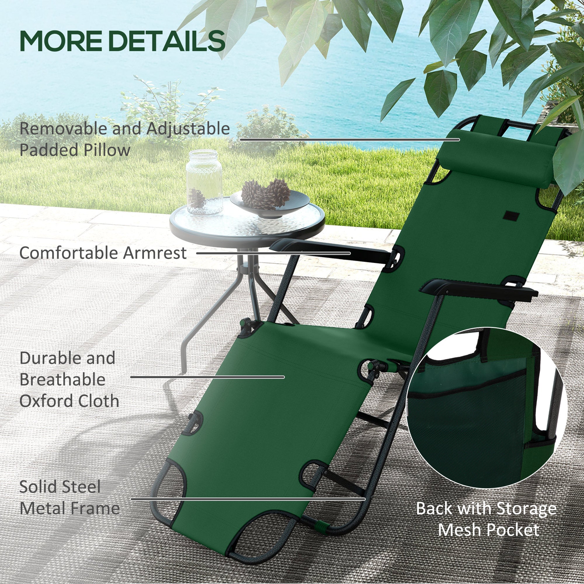 Outsunny 2 in 1 Sun Lounger Folding Reclining Chair Garden Outdoor Camping Adjustable Back with Pillow, Green