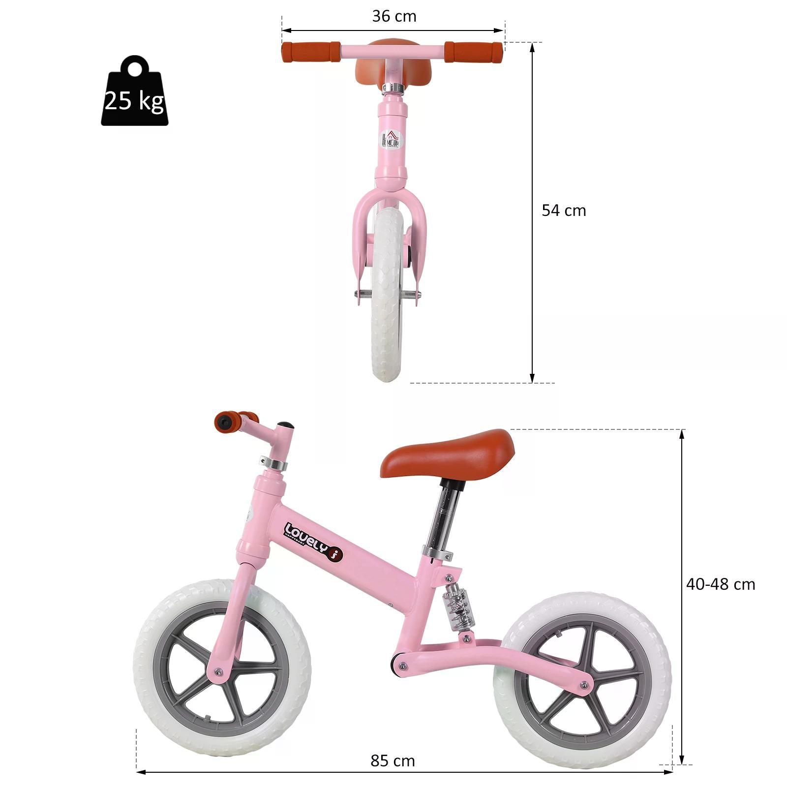 HOMCOM 12" Kids Balance Bike No Pedal Bicycle EVA Tire Adjustable Seat Toddler Training Bike W/ Shock Absorber 2 - 5 Years Gift for Boys Girls Pink