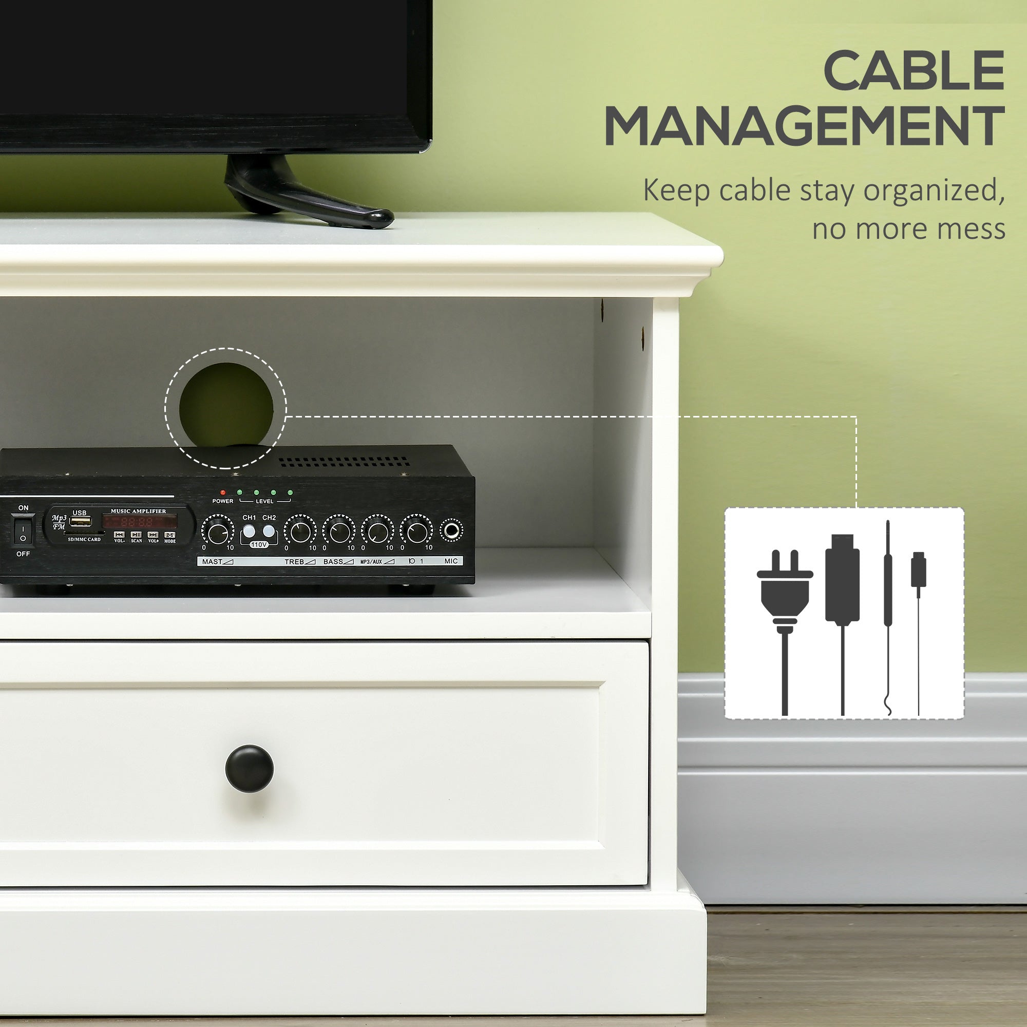 HOMCOM Modern TV Unit Cabinet for TVs up to 45 Inches, TV Stand with Drawers, Open Shelves, Cable Holes for Living Room, White - North Peak Garden Furniture