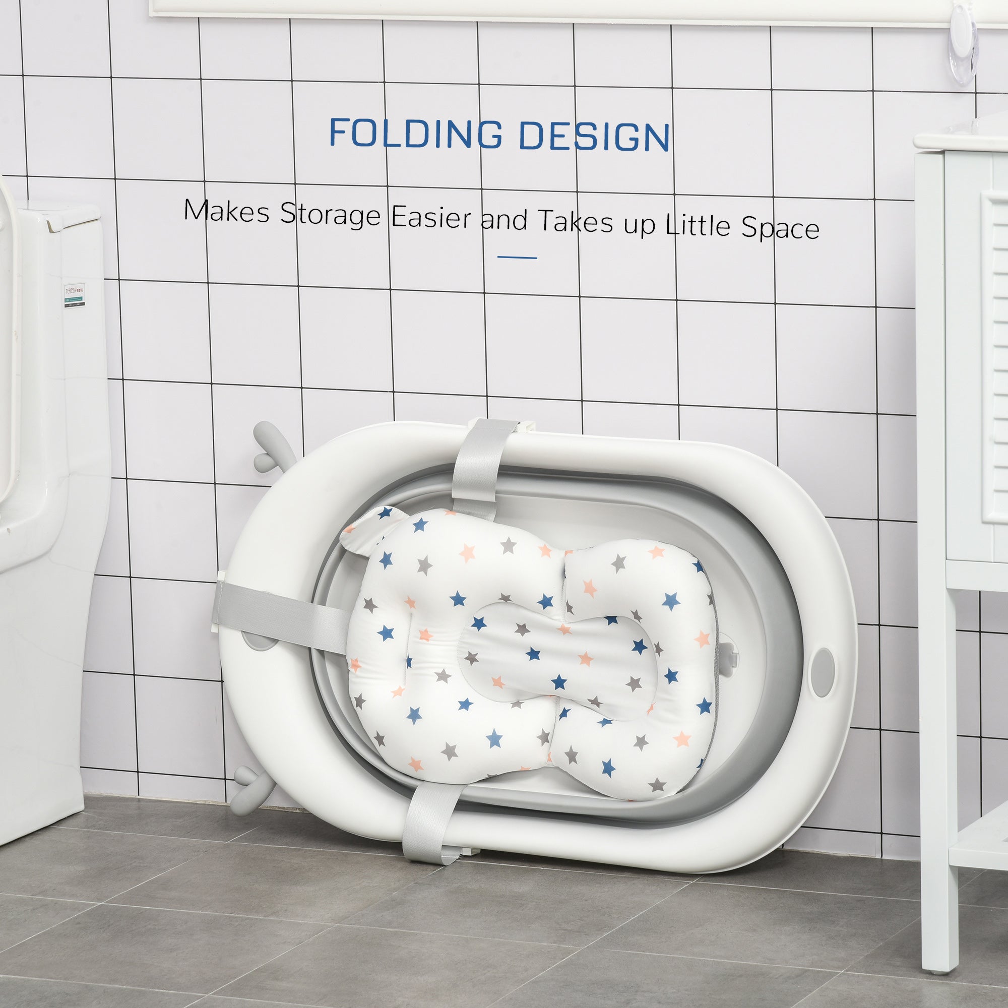 HOMCOM Foldable Baby Bathtub Set, Collapsible Bath Tub with Thermostatic Water Plug, Non-Slip Support, Cushion Pad, Drain Plugs, for Newborn to 3 Years - Offwhite - North Peak Garden Furniture